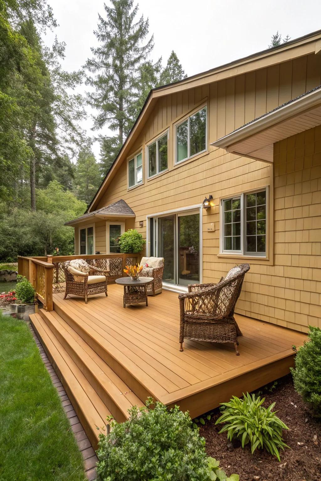 The gentle radiance of a honey-toned deck enhances the inviting warmth of a tan house.