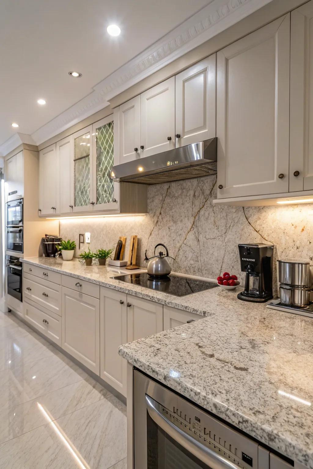 Matching granite creates a seamless and unified kitchen design.