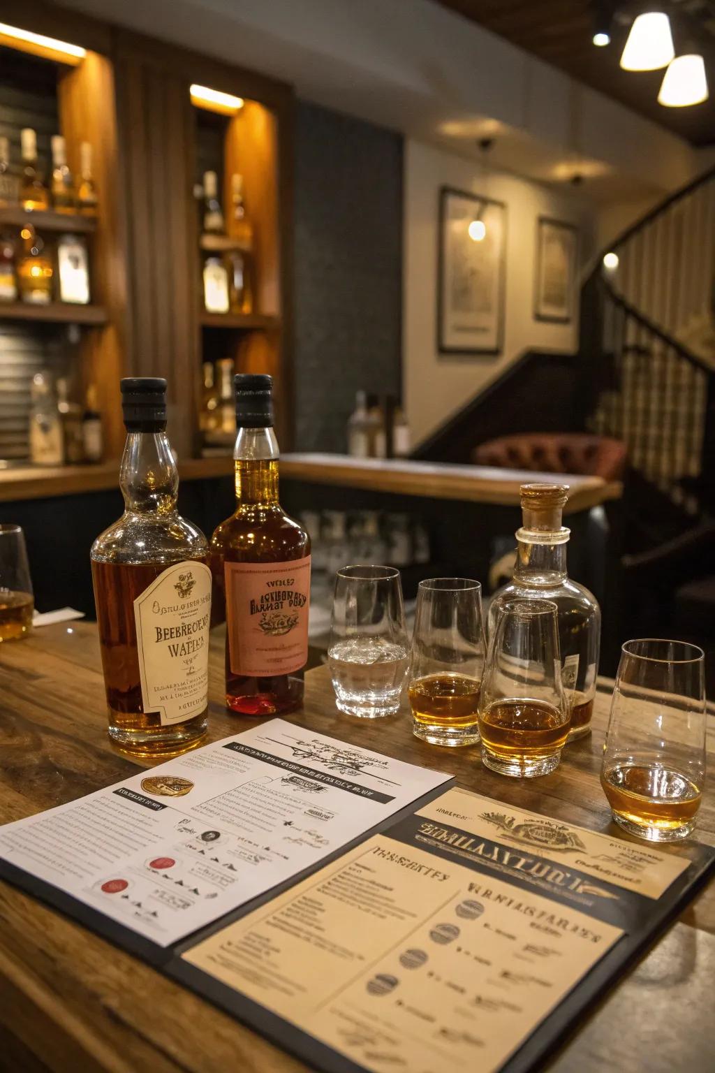 A whiskey tasting corner offers a sophisticated and educational experience.