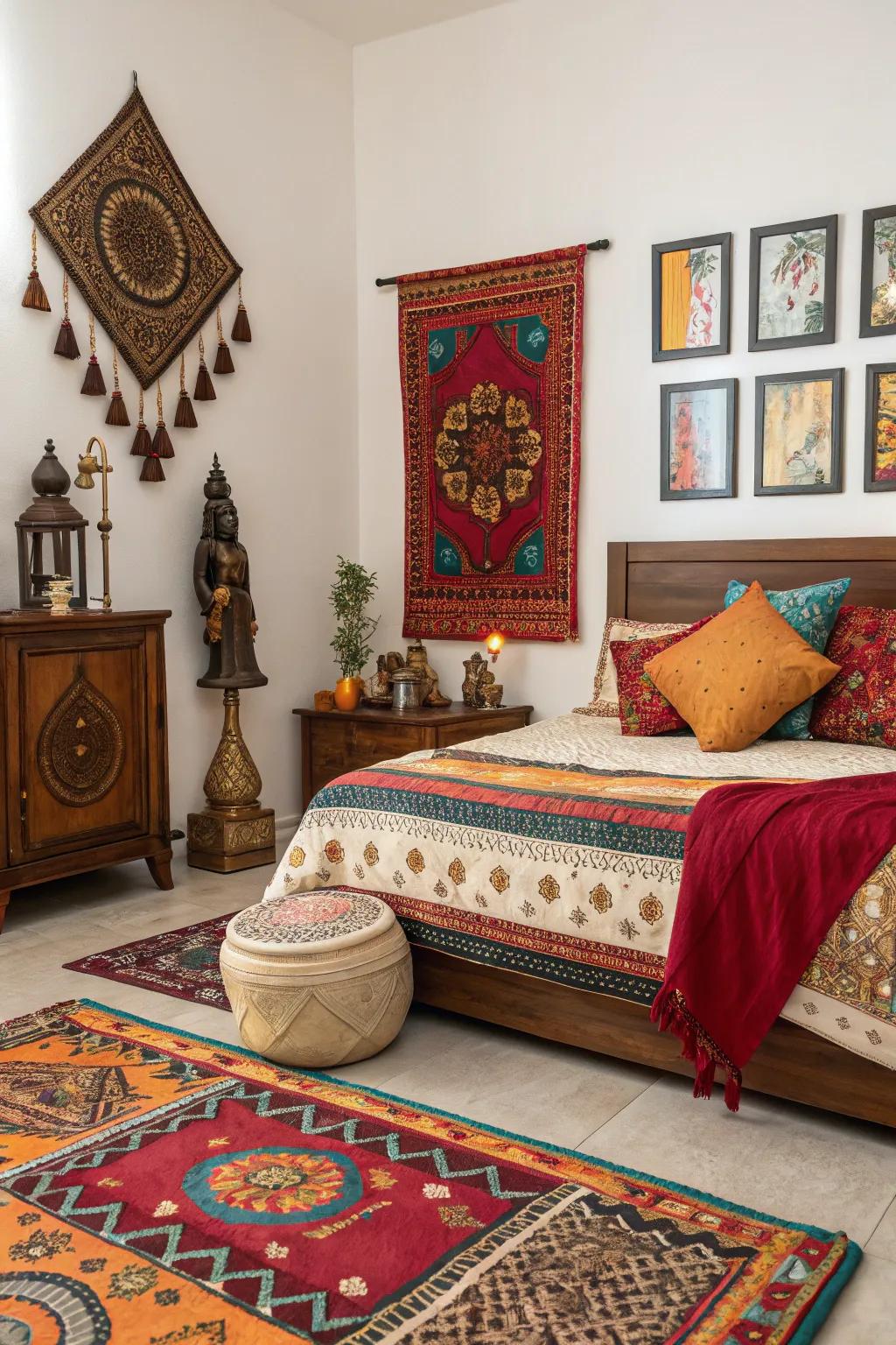 Cultural elements add depth and uniqueness to the bedroom decor.