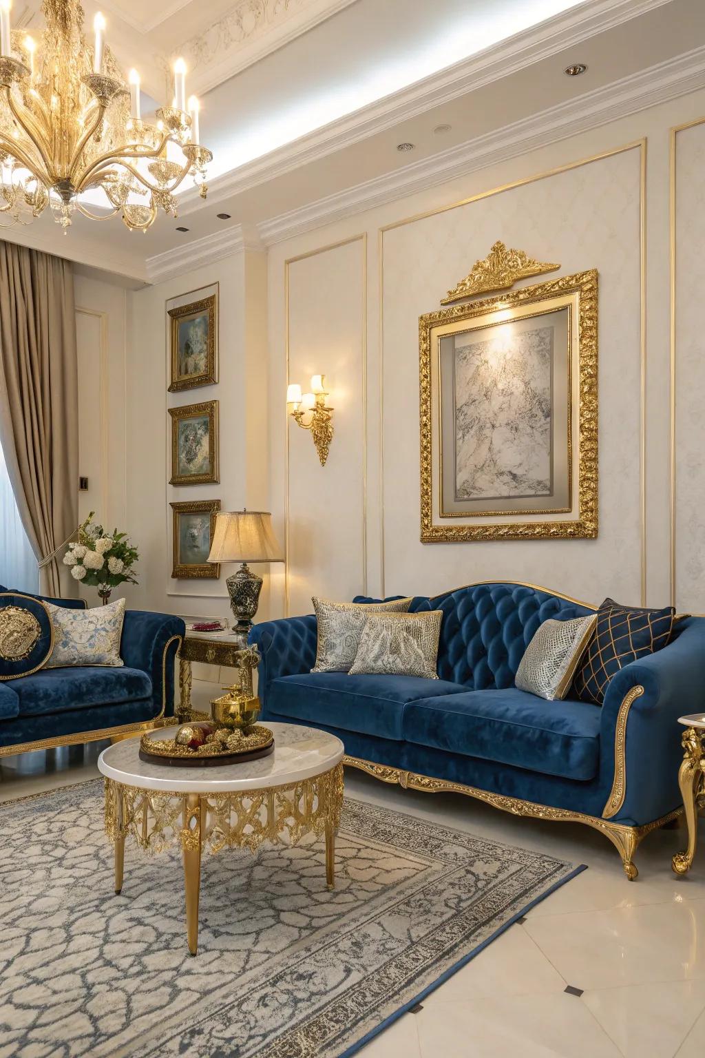 Blue and gold accents create an elegant and sophisticated atmosphere in this luxurious living room.