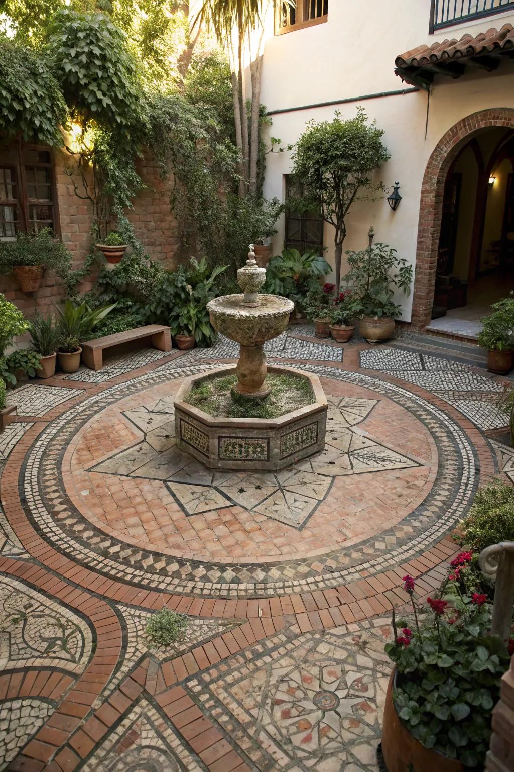 Mosaic brick patterns create captivating and artistic outdoor centerpieces.