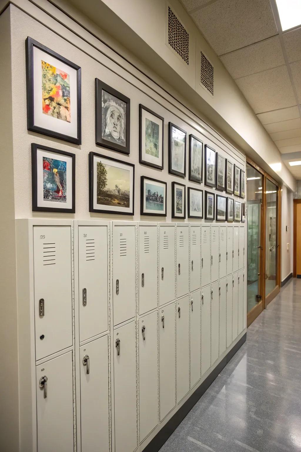 Art display adds a personal touch to built-in lockers.