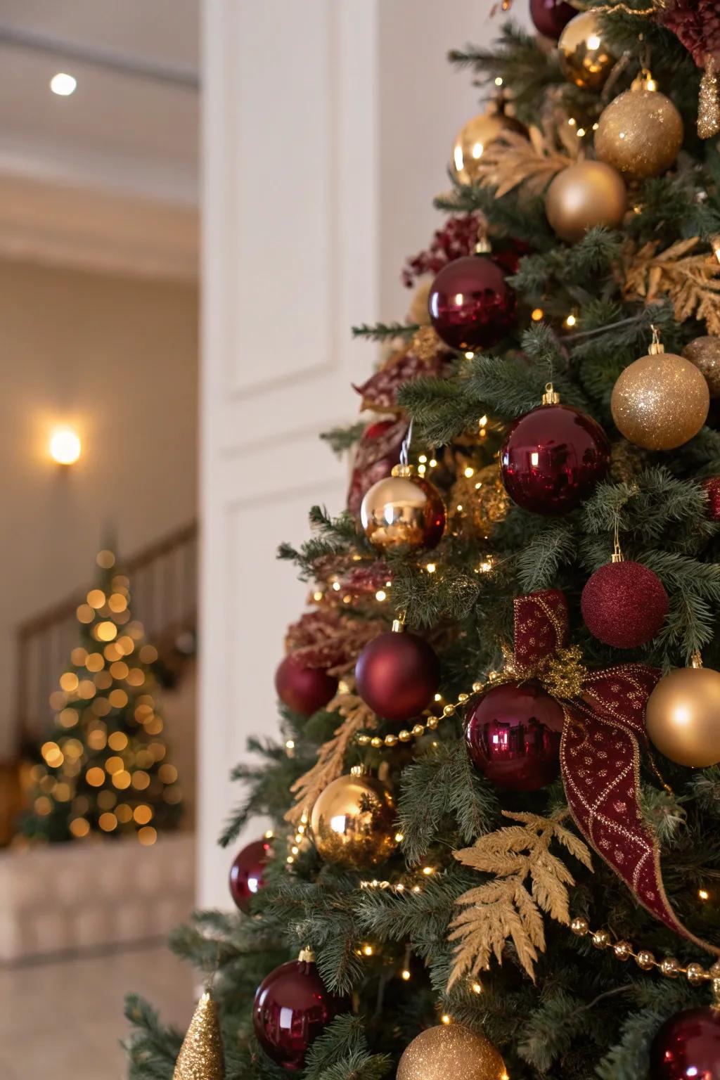 Metallic accents add shine and festivity to the tree.