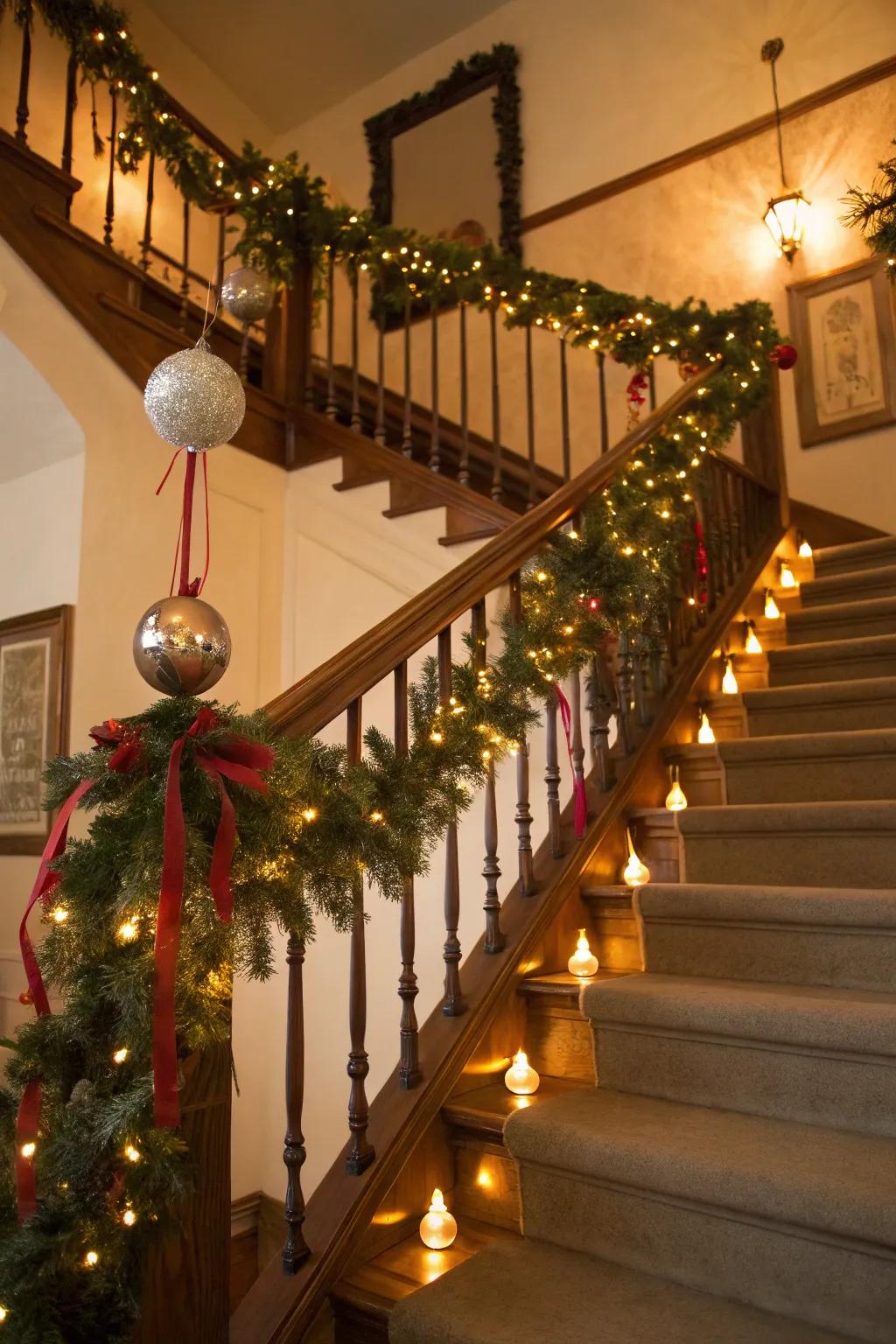 A festive staircase making a grand entrance.