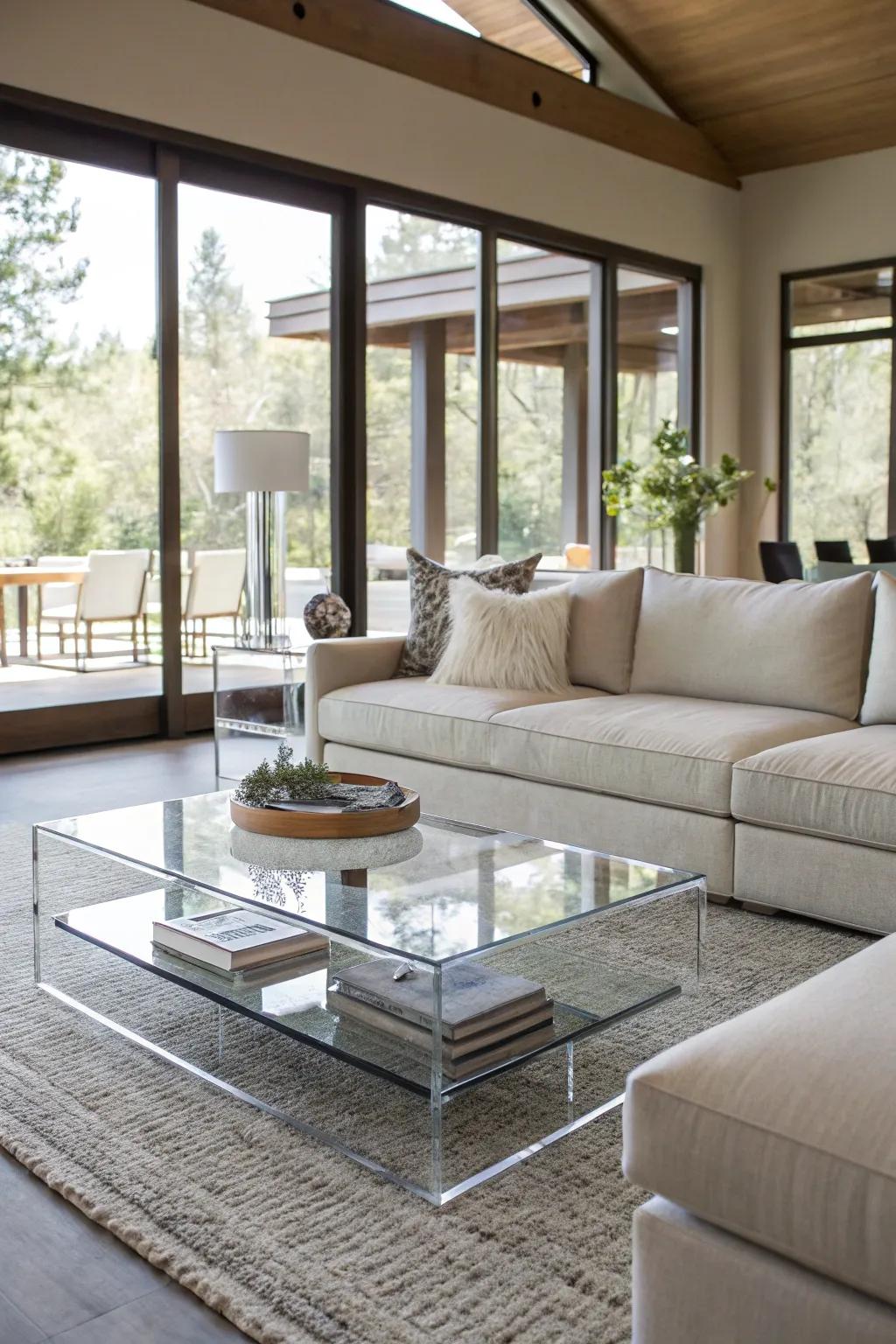 An acrylic coffee table adds transparency and openness to a modern living space.