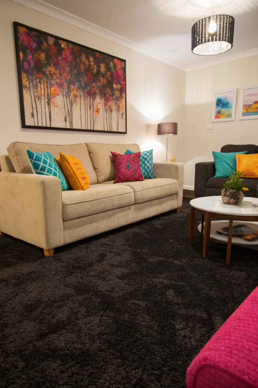 Unexpected color combinations create a bold statement with a dark carpet.