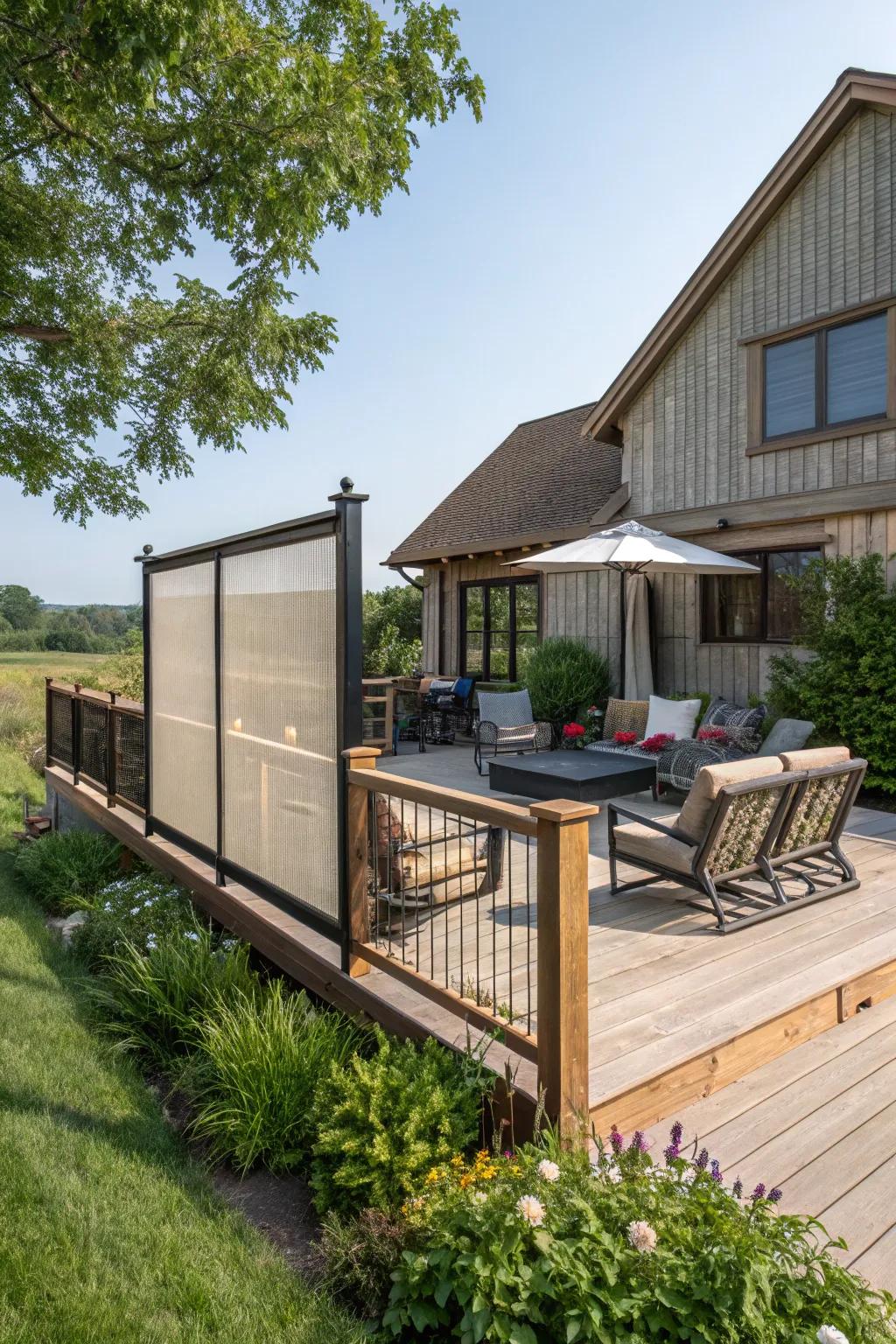 Cozy retreat: Privacy screen on deck railing.