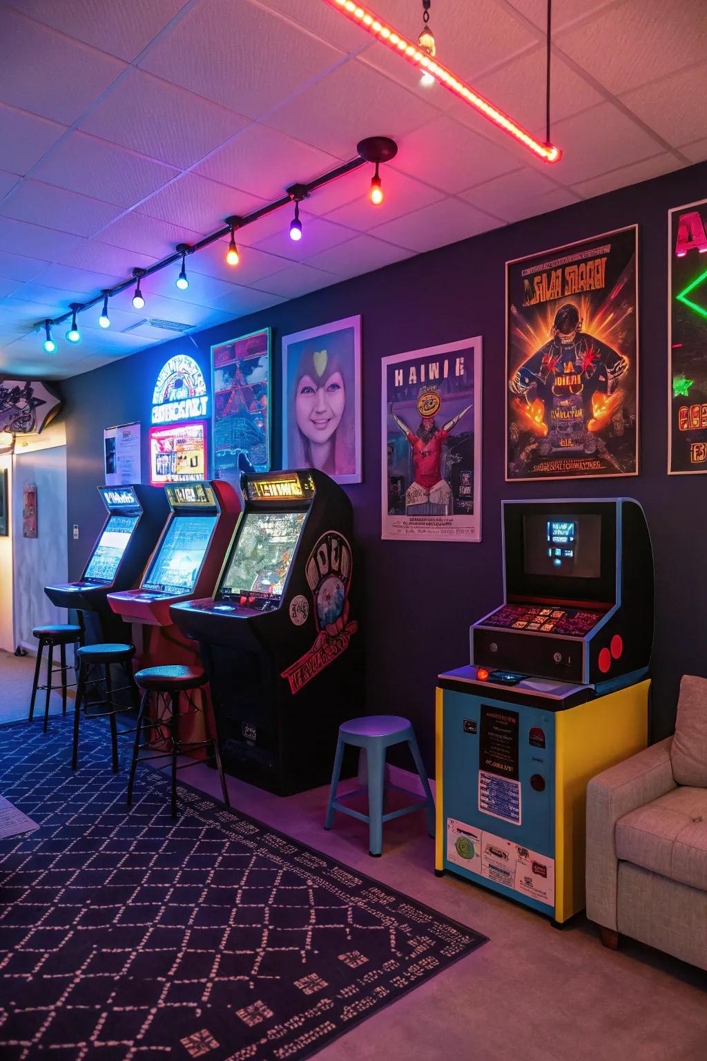 An arcade-themed room evokes nostalgia and classic gaming memories.