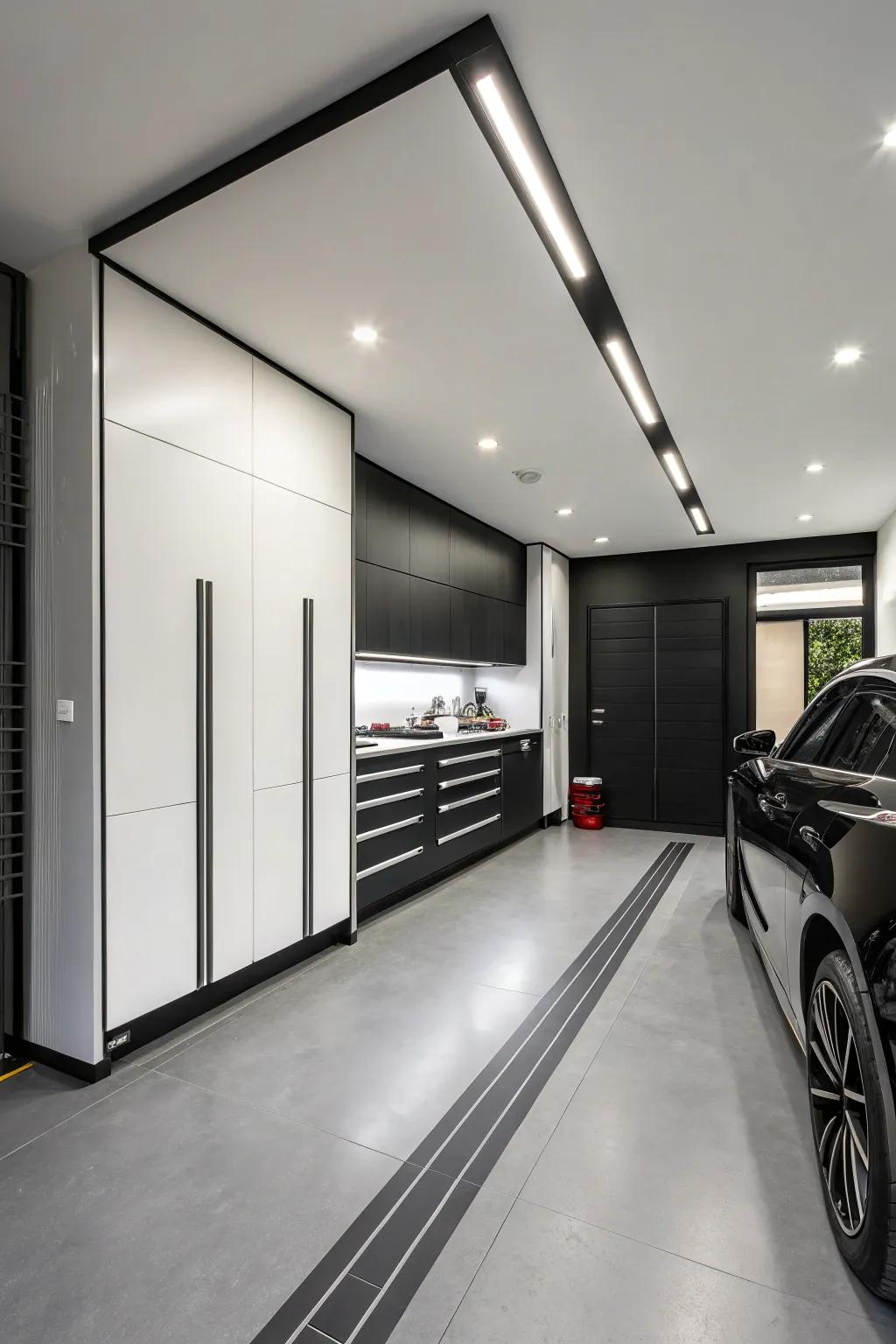 Ebony and ivory offers a timeless and sophisticated garage aesthetic.