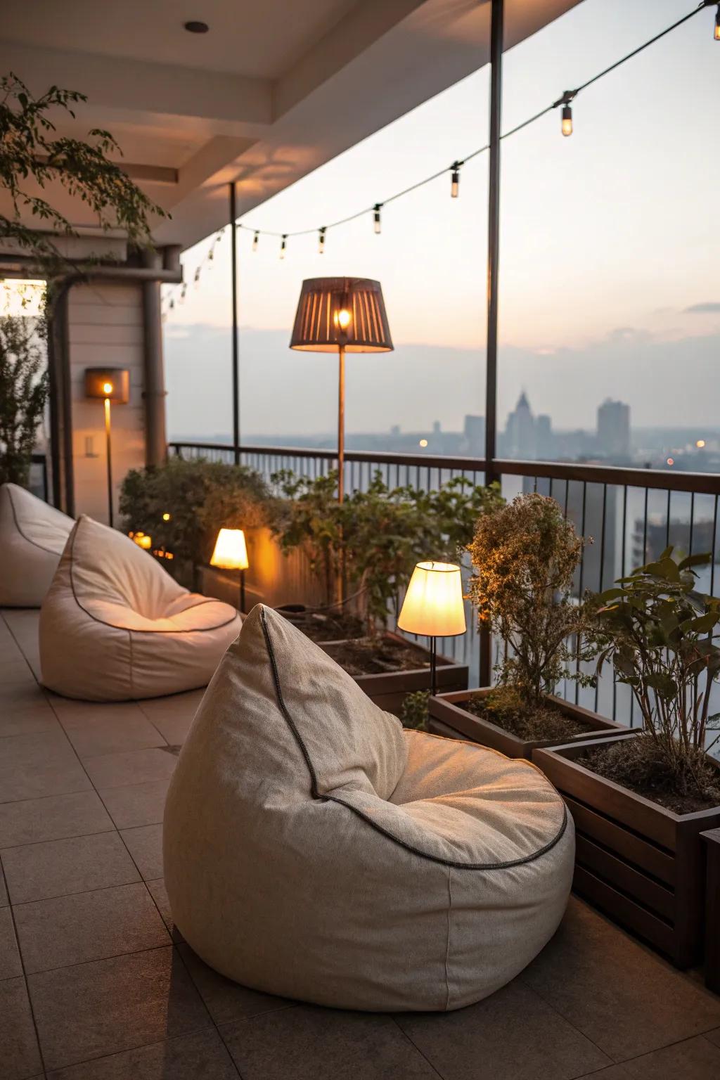 A relaxation zone offers a serene retreat on the balcony.