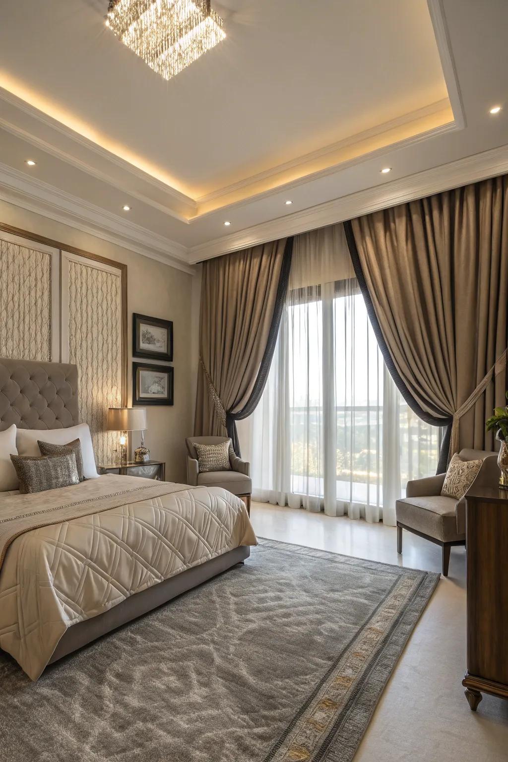 Customized window treatments add a bespoke touch to this bedroom.