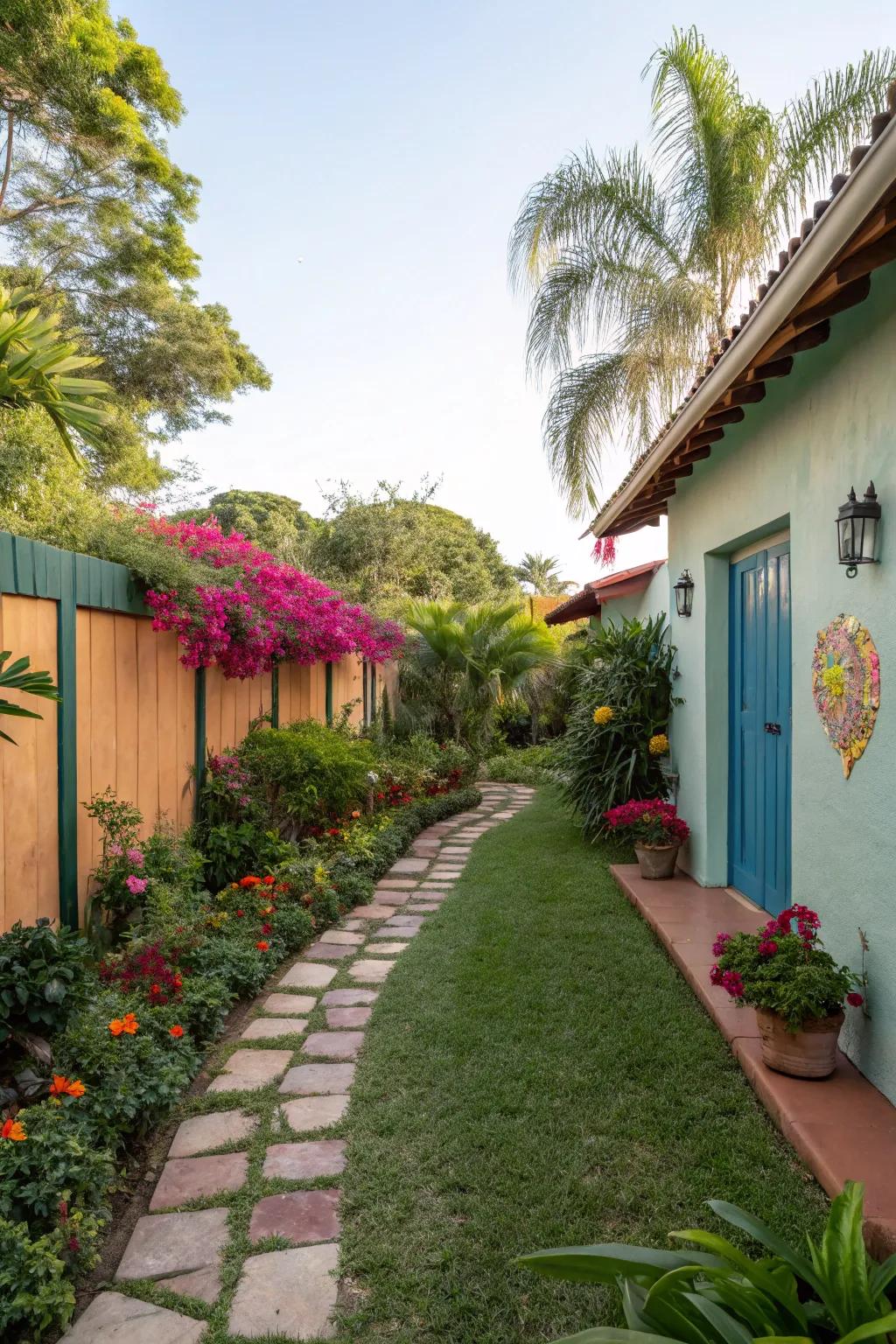 A colorful wall adds a playful touch to the yard.