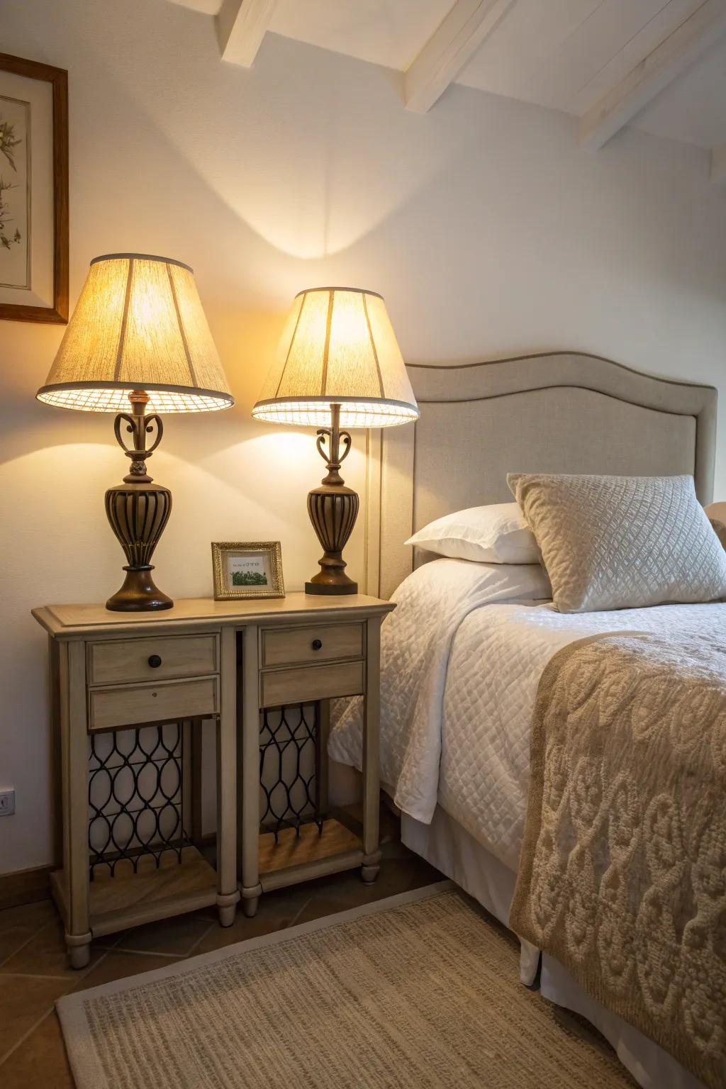 Bedside lamps fashion a serene and fashionable chamber hideaway.