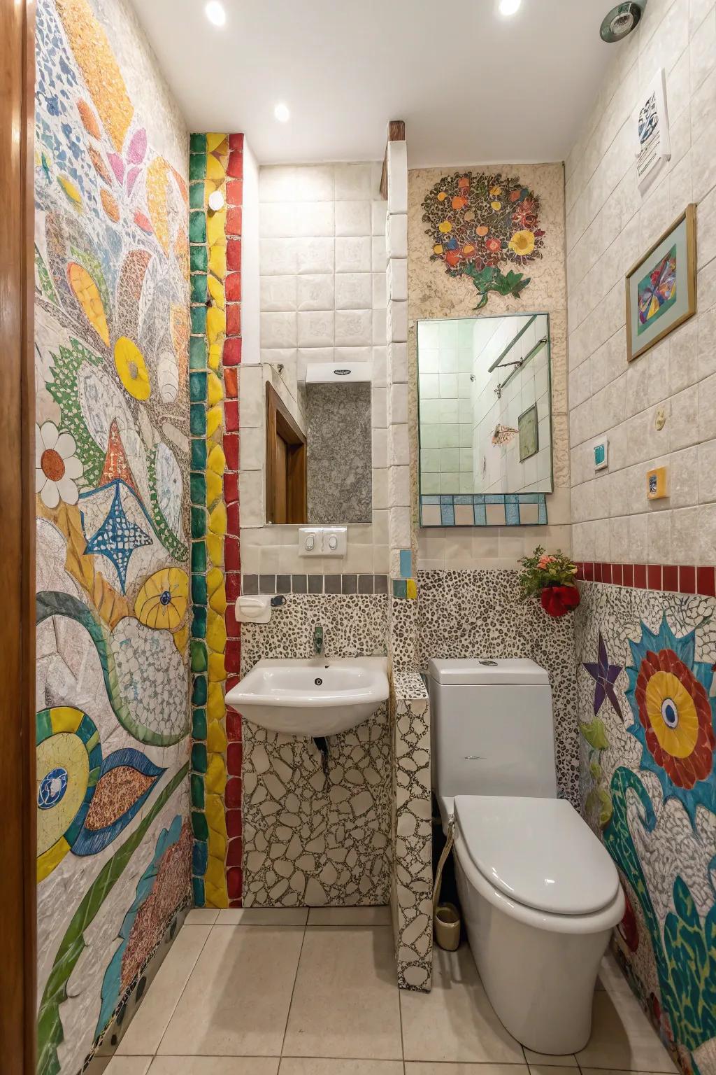 Mosaic panels in a small bathroom, transforming the space into a vibrant art display.