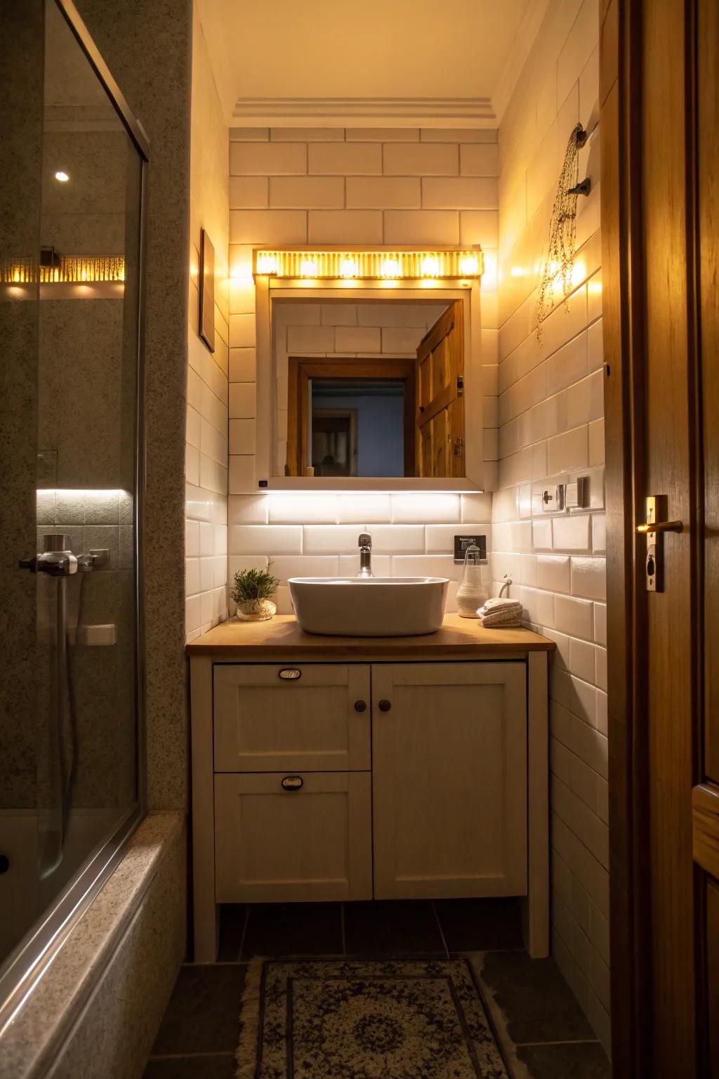 Under-cabinet lighting brightens and adds warmth to small spaces.