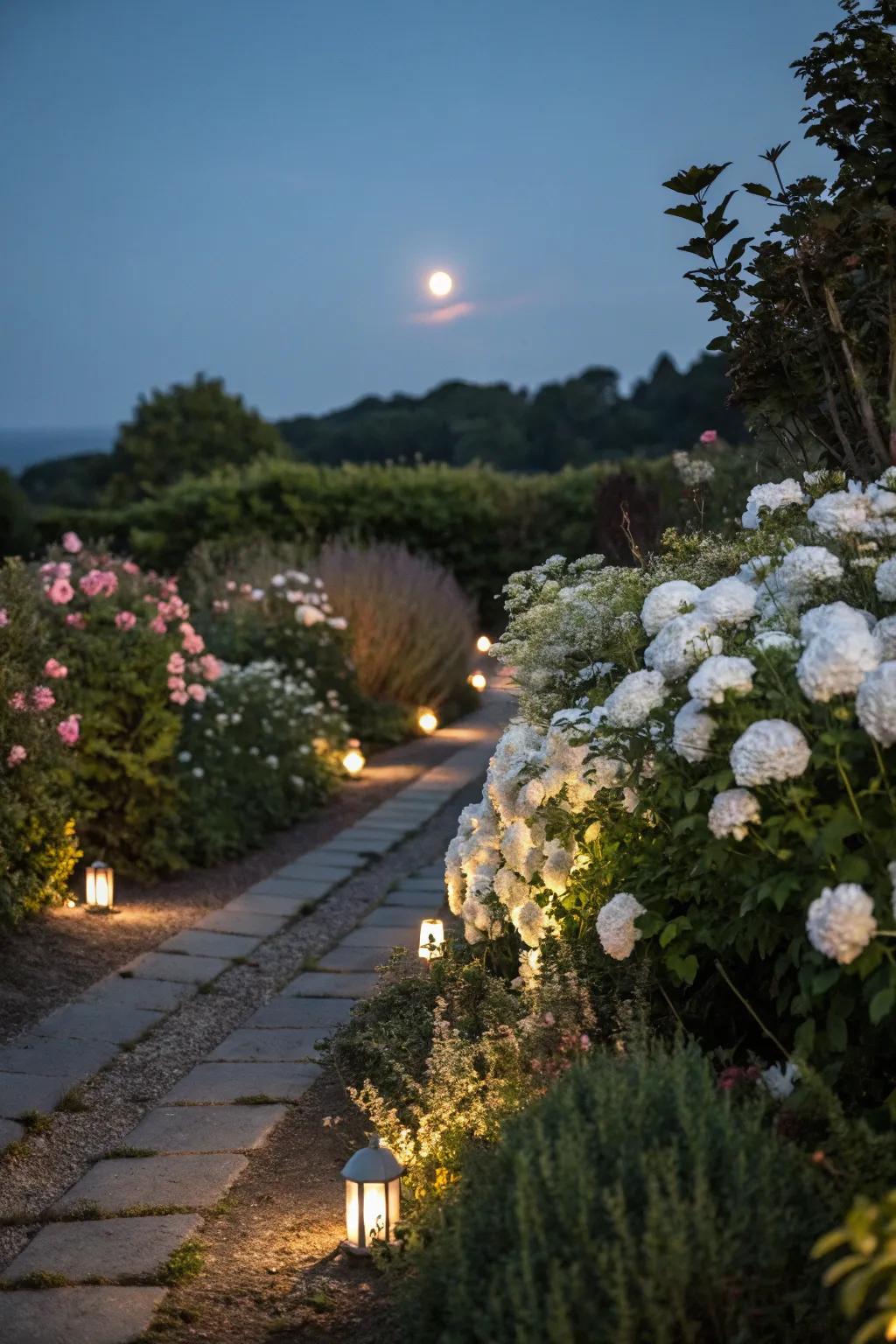 Moonlit garden borders glow softly under the stars.