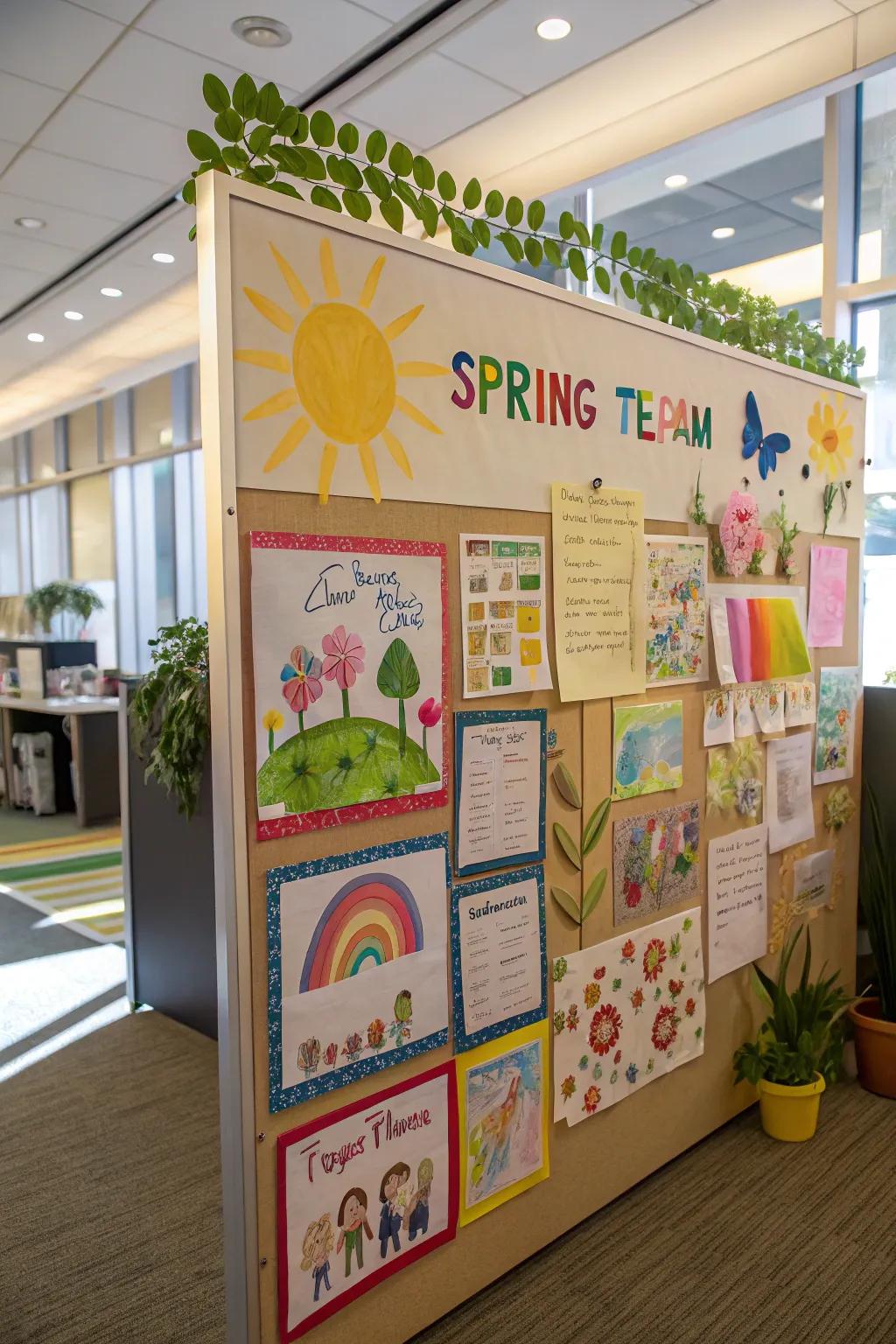 A mini art exhibit bulletin board featuring spring-themed artwork by colleagues.