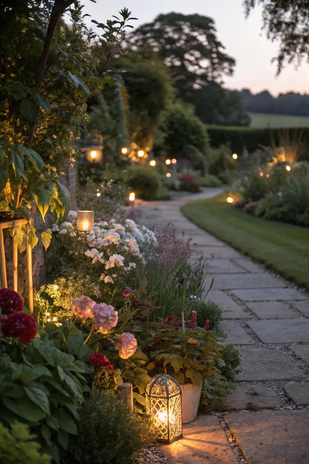Garden lighting enhancing nighttime ambiance.
