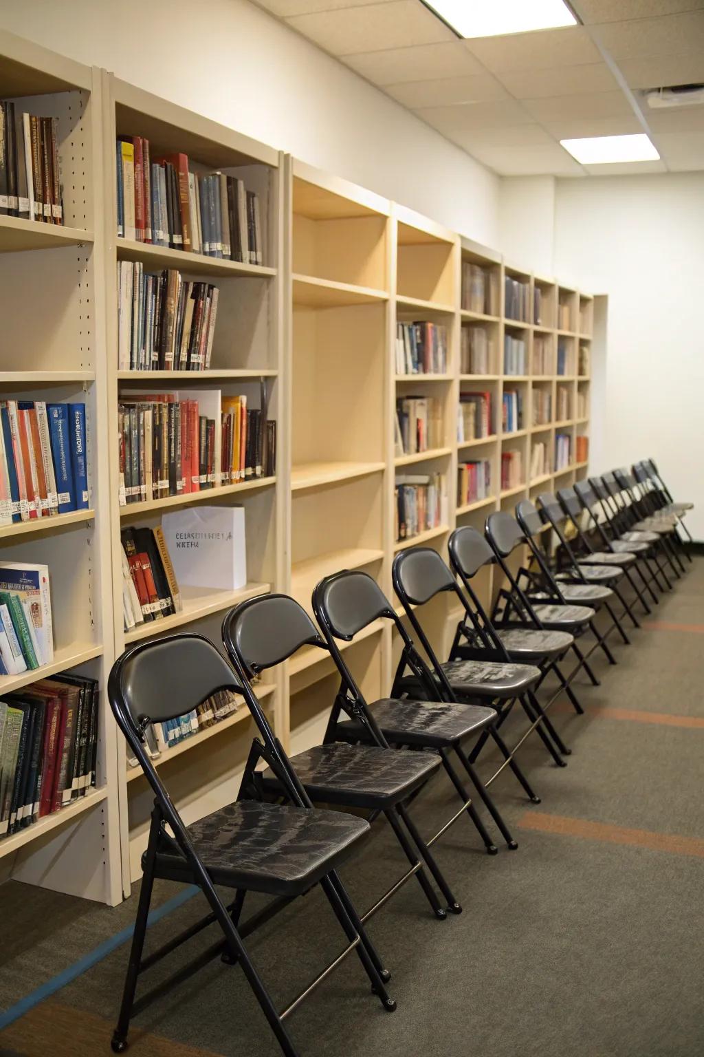 Blend storage and style by using a bookcase for folding chairs.