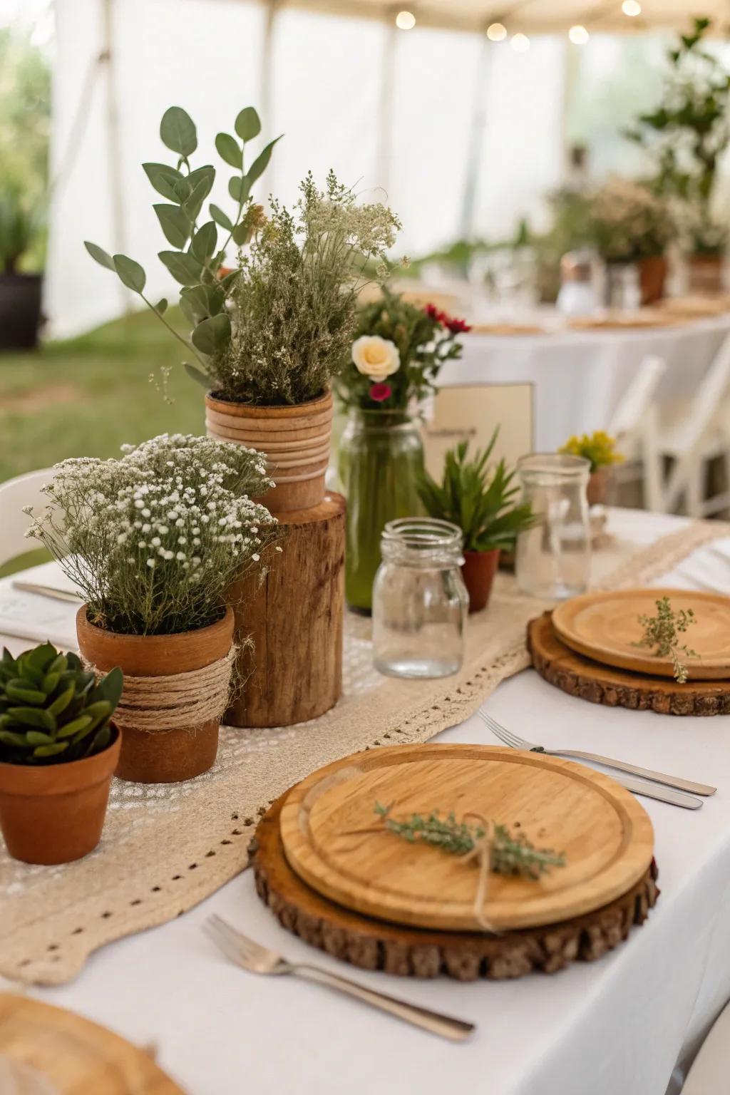 Eco-friendly decor with potted plants for a sustainable wedding.