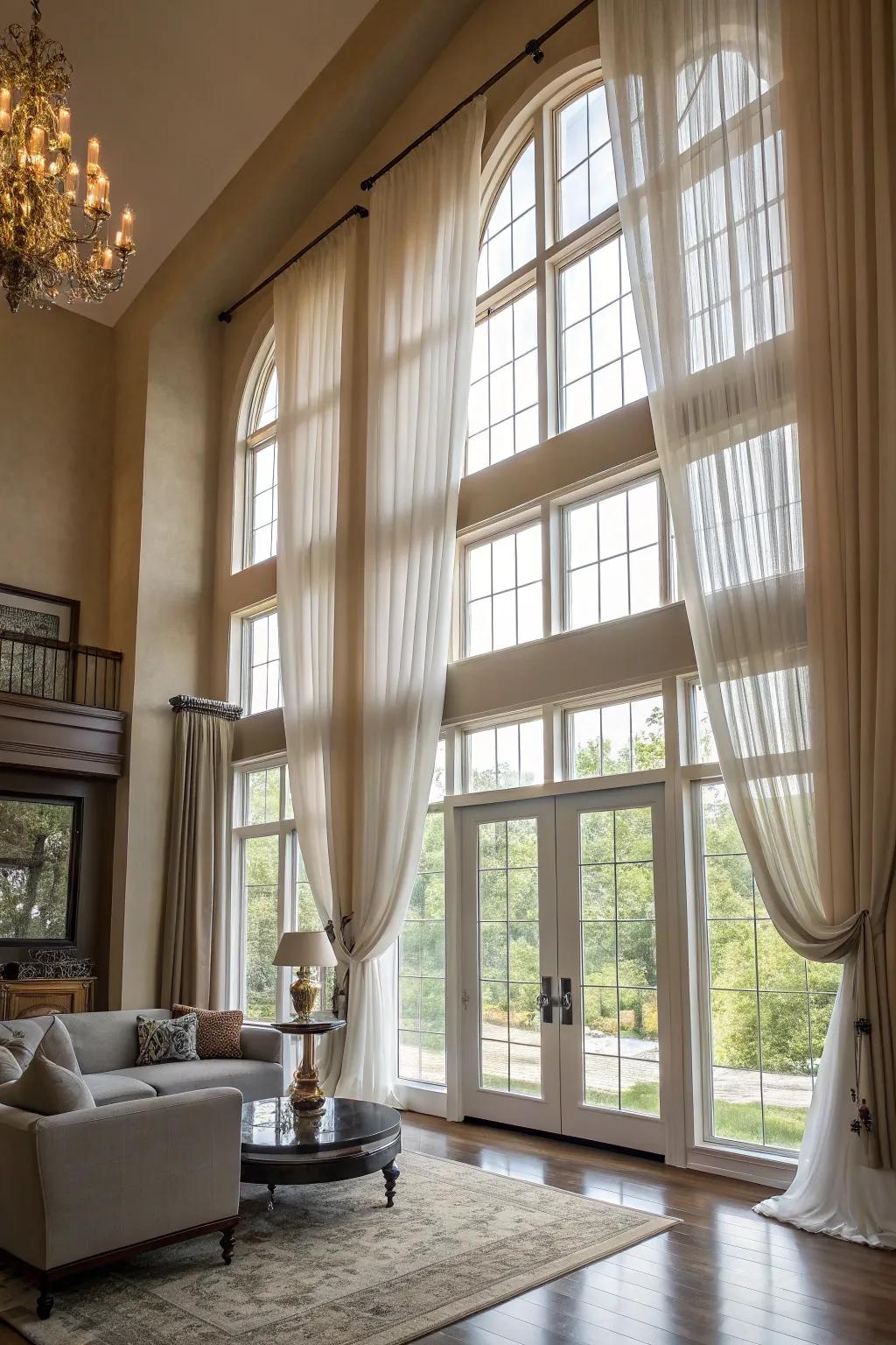 Layered window treatments add depth and elegance to tall windows.