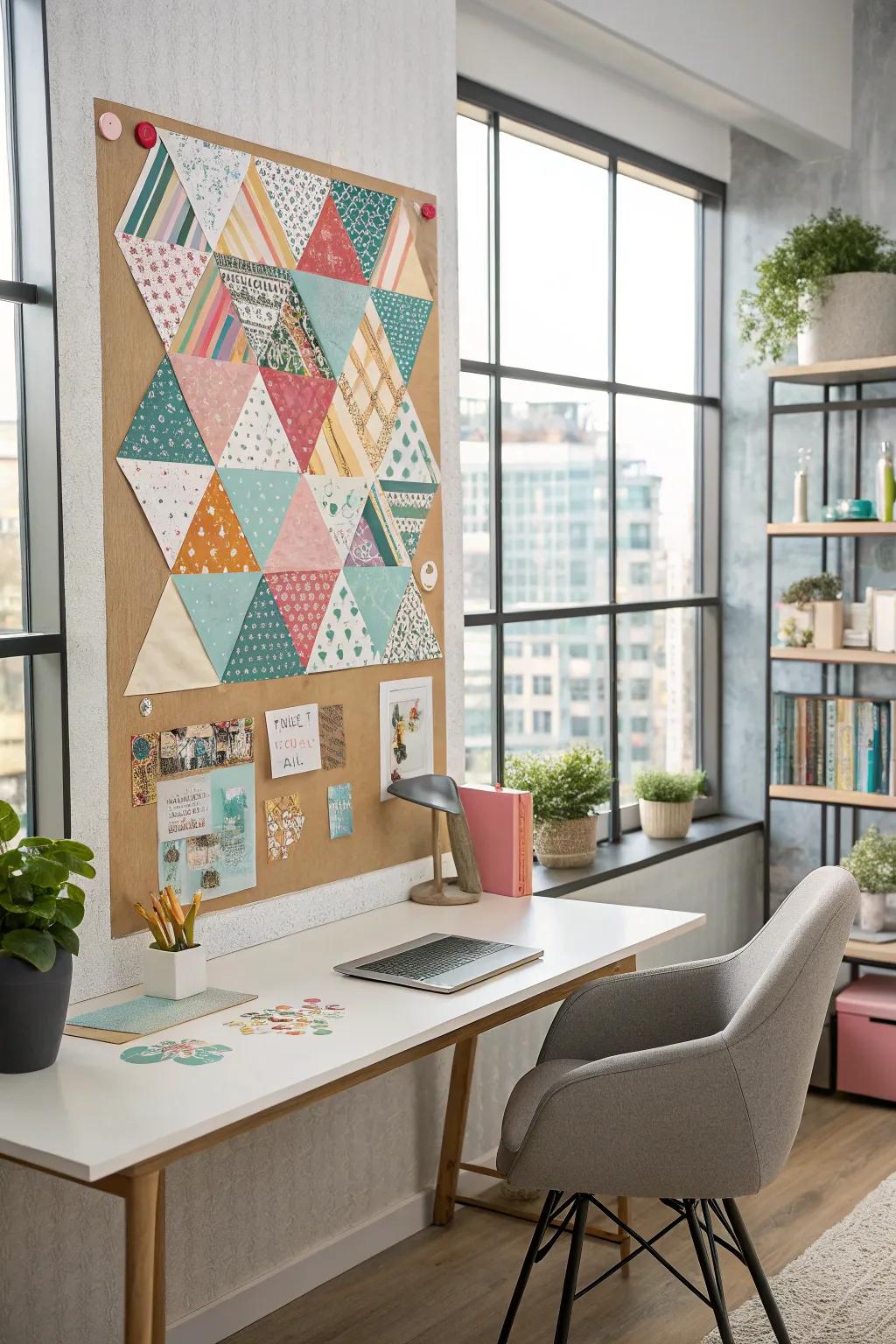 Geometric compositions on a pinboard utilizing vibrant adhesive craft tape.
