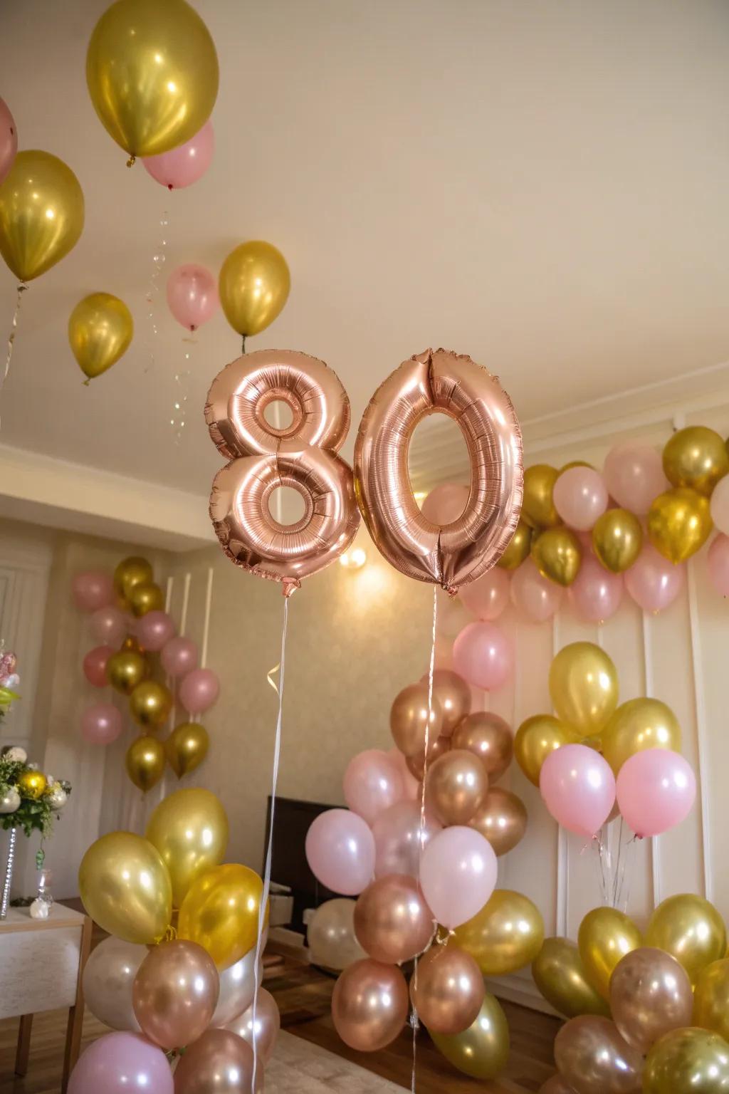 A room decorated with balloons in gold and pink, celebrating 80 years.