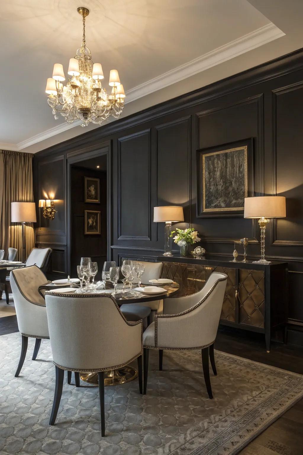 A dining room exuding drama with a dark accent wall.