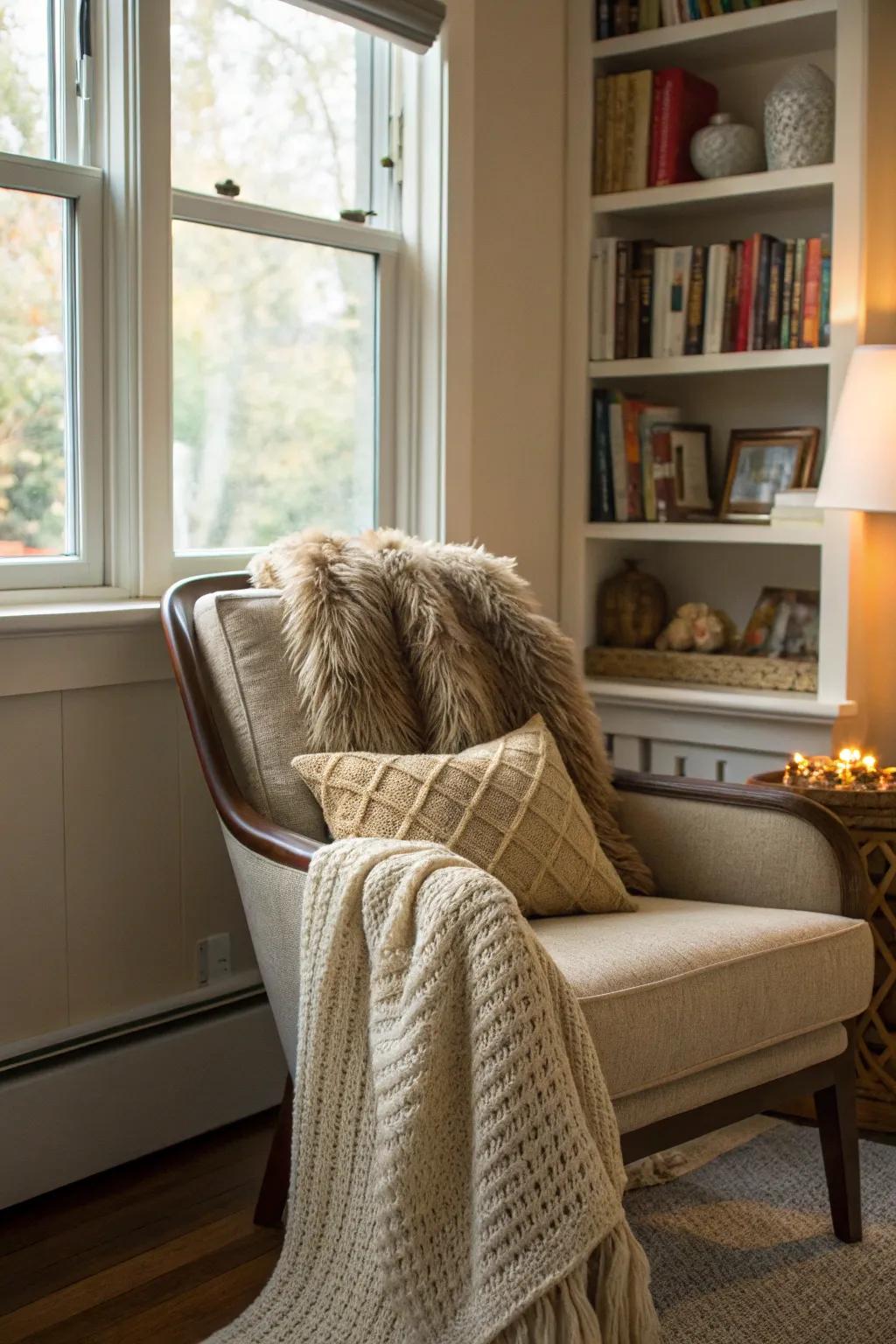 Textured throws and pillows for a cozy winter look