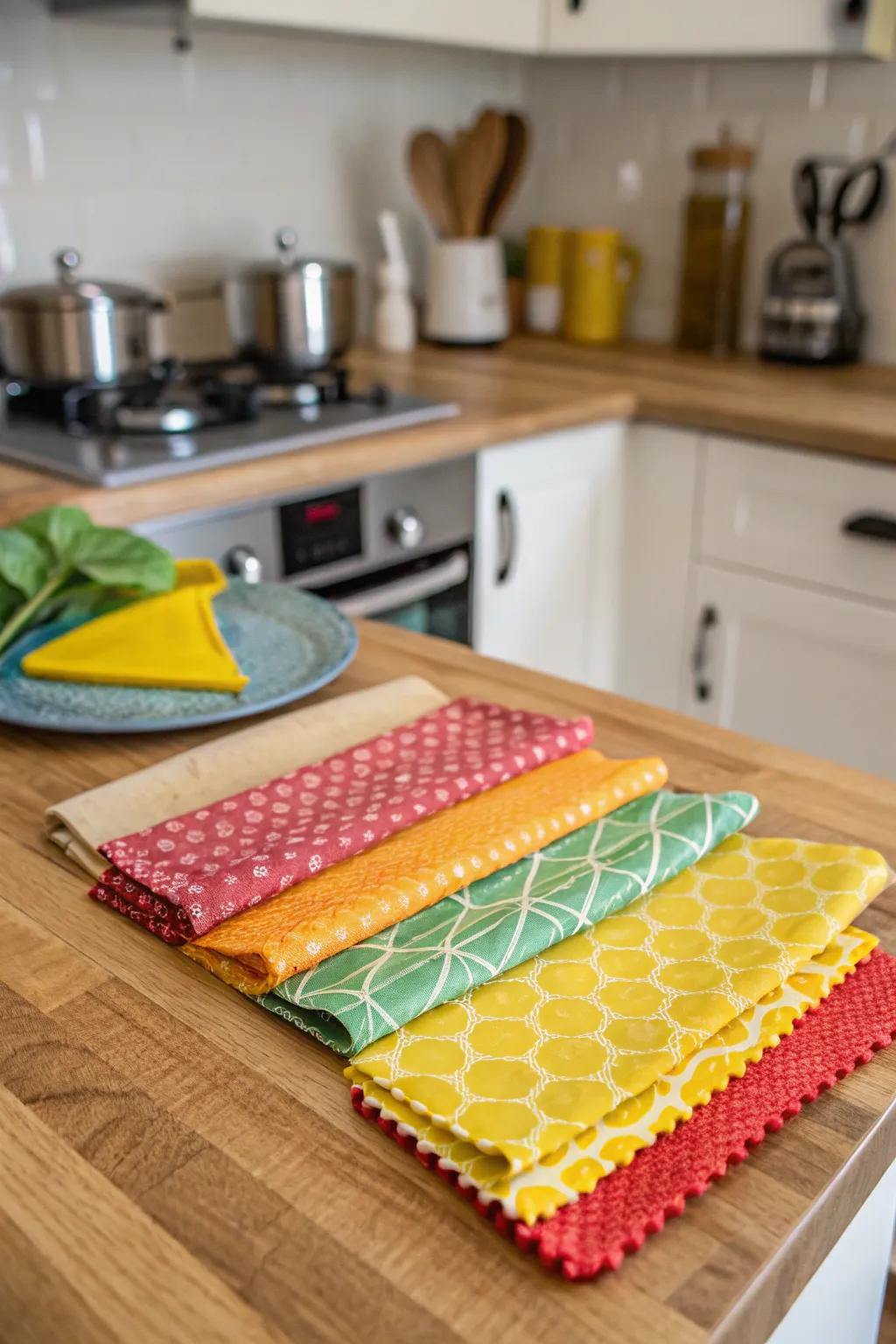 Eco-friendly beeswax wraps in cheerful patterns, suited for sustainable living.