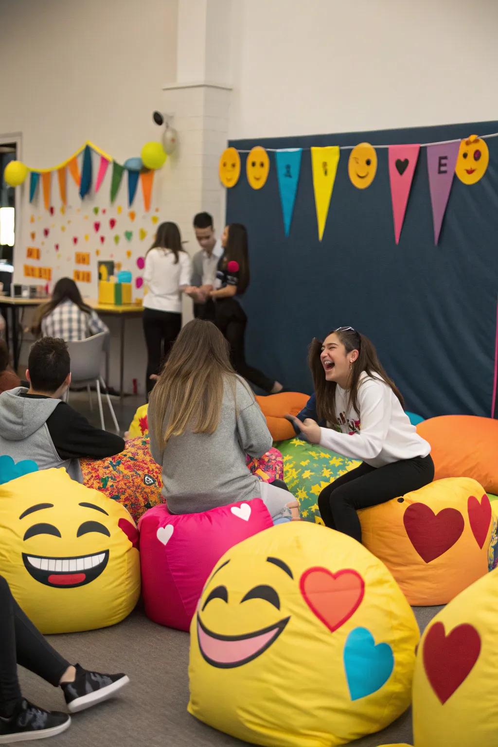 Emoji-themed decorations bring smiles and excitement to the party.