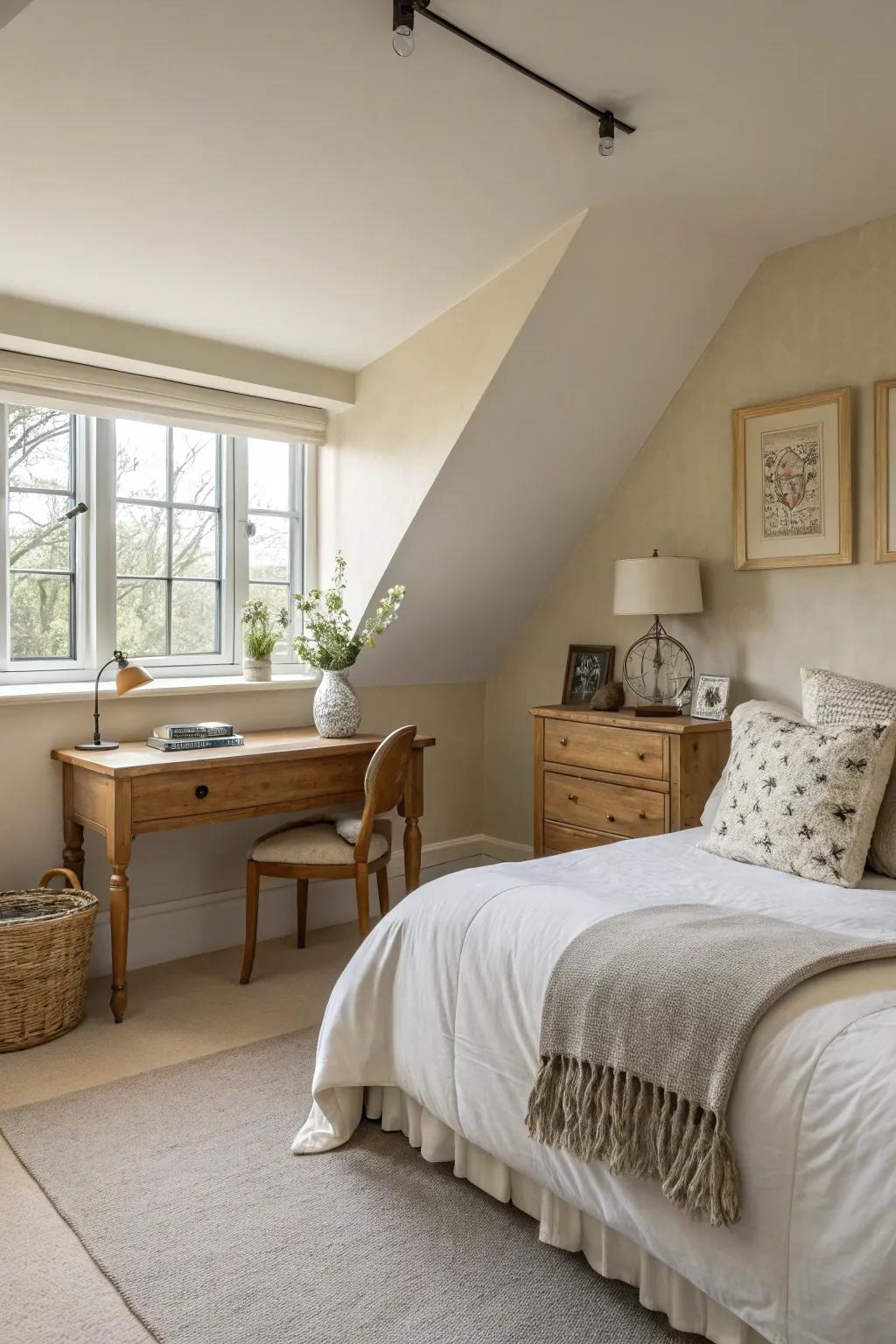 An understated palette imparts tranquility and spaciousness to your attic sanctuary.