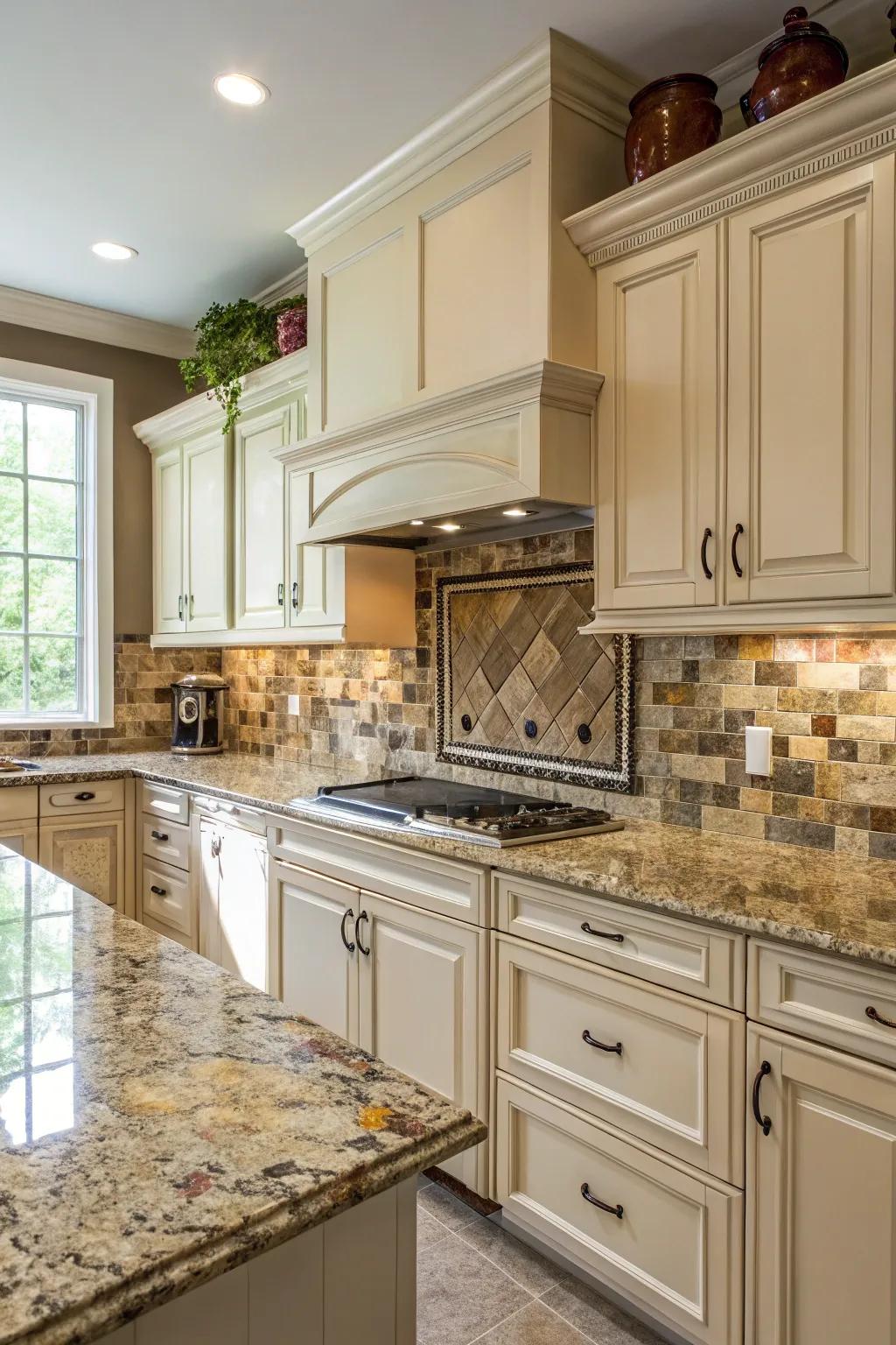 Seamless color coordination between backsplash and granite countertops.