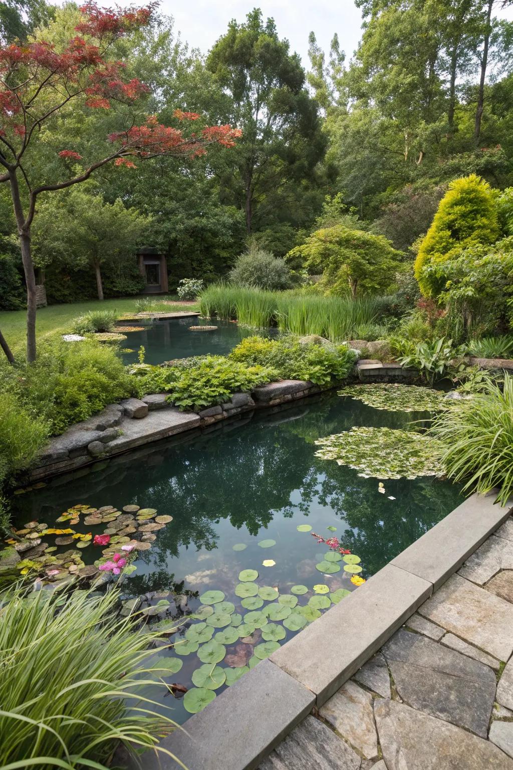 A serene natural pool with a floating wetland for eco-friendly maintenance.