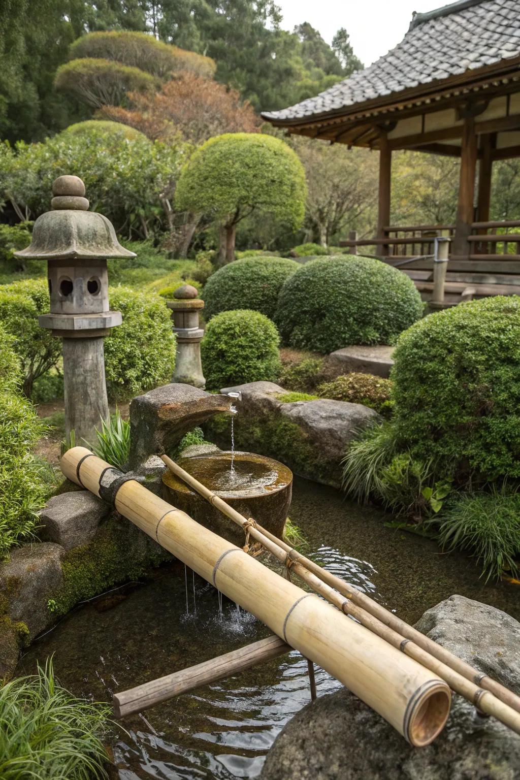 A classic Shishi Odoshi fountain generates a rhythmic cadence in a garden setting.
