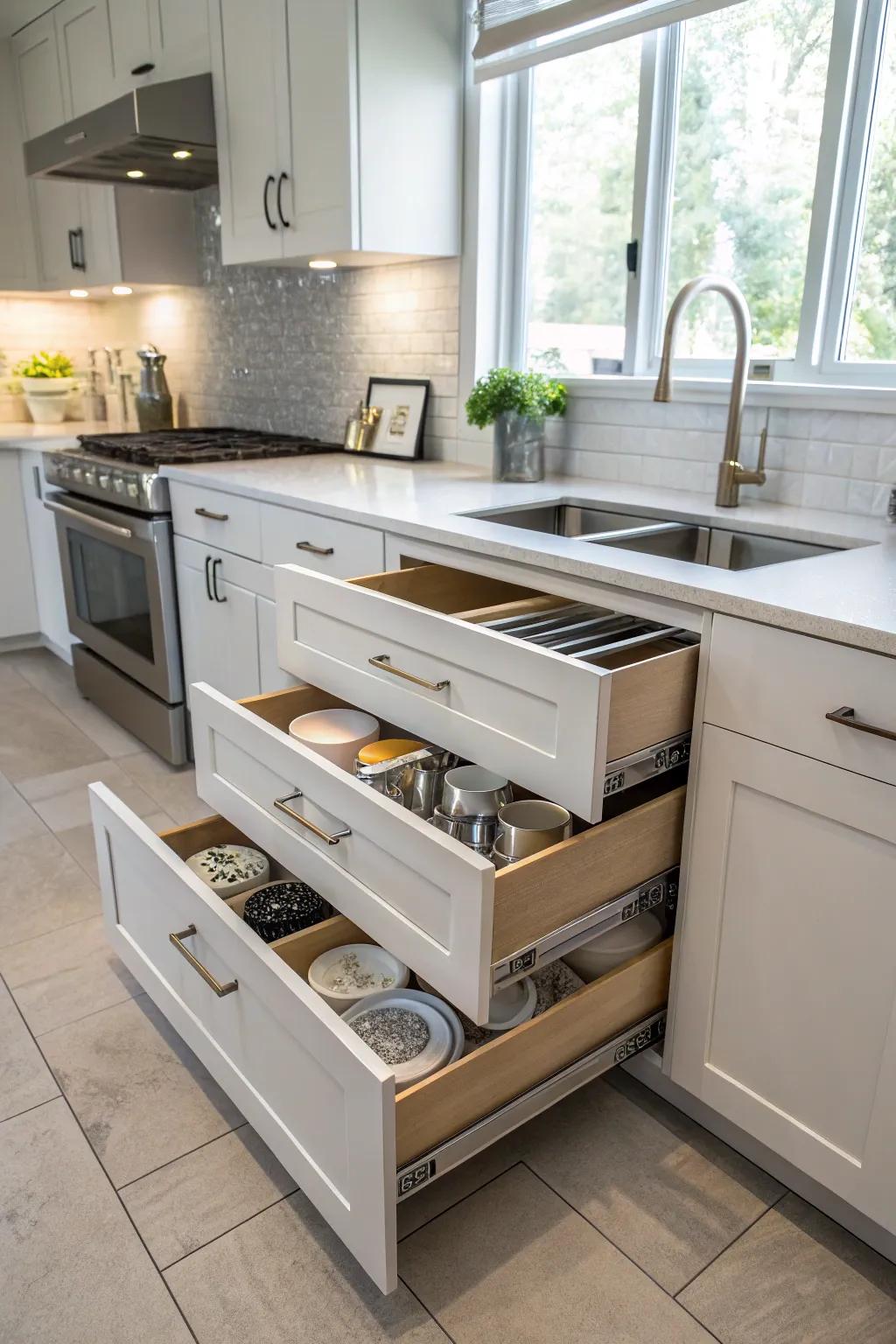 Pull-out drawers maximize storage and accessibility.