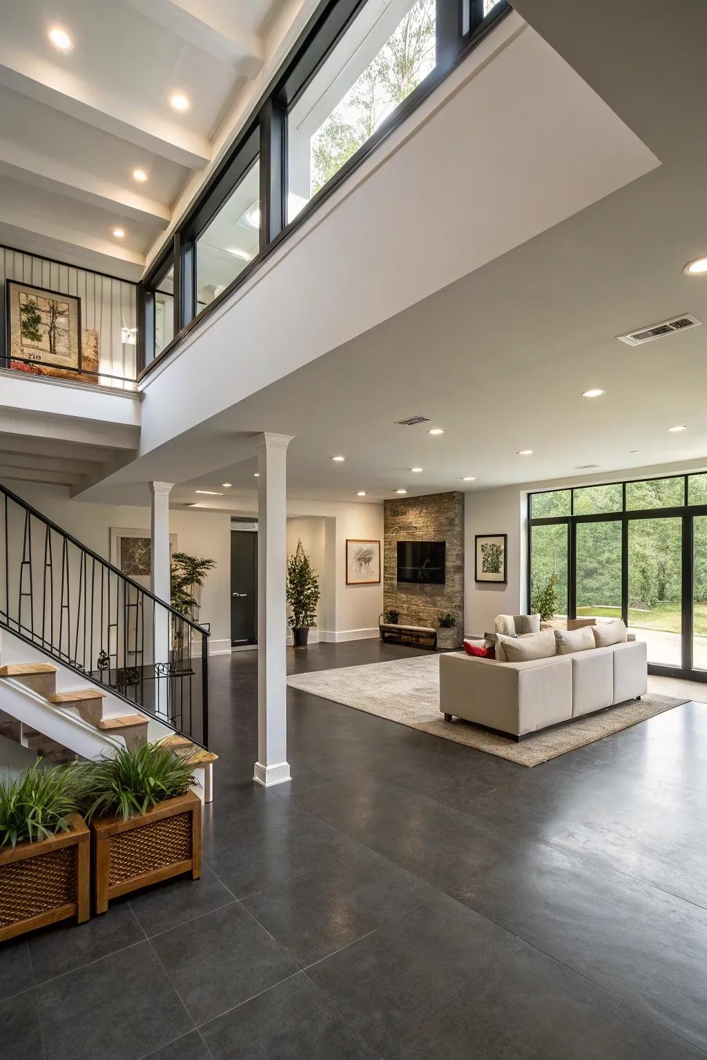 An open-concept basement layout characterized by fluid continuity.