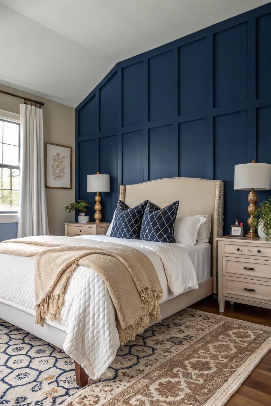 A navy accent wall adds drama and depth to your bedroom.