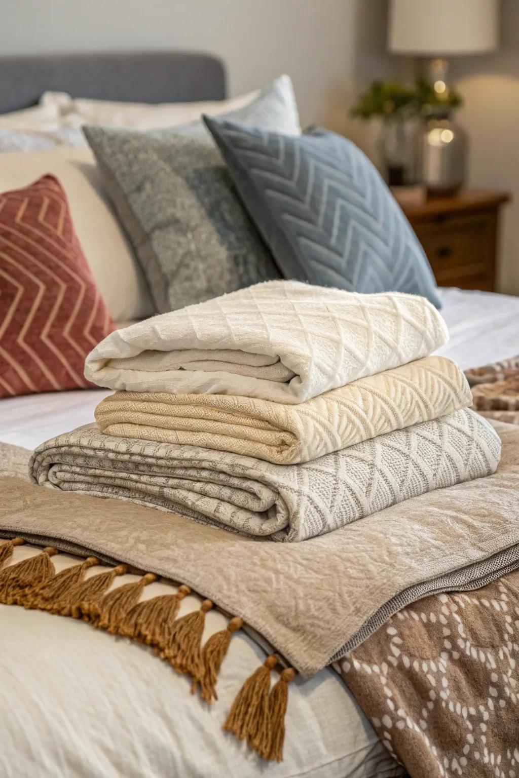 Layered textiles create a cozy and welcoming bed.