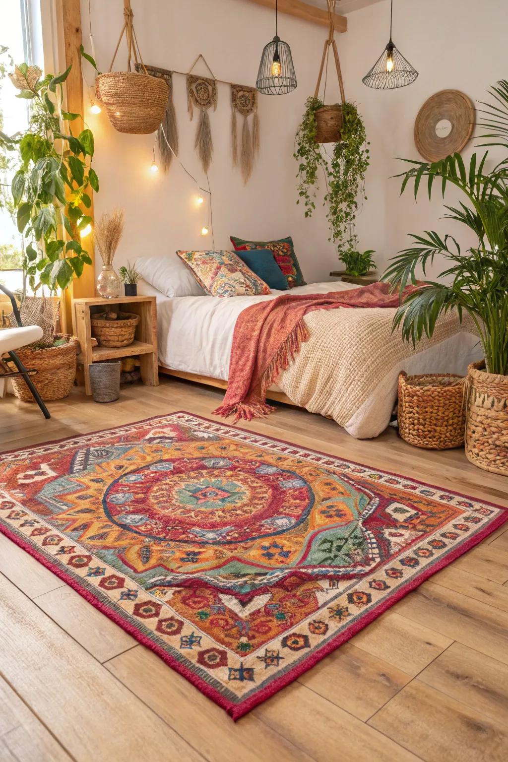 Bring bohemian flair to your bedroom with a colorful rug.