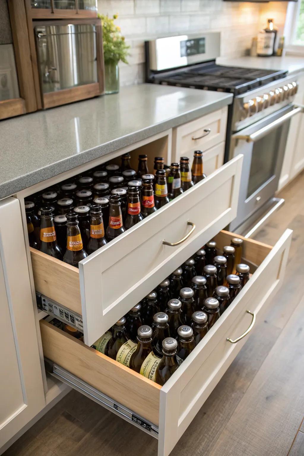 Under-cabinet drawers in the kitchen storing beer bottles efficiently.