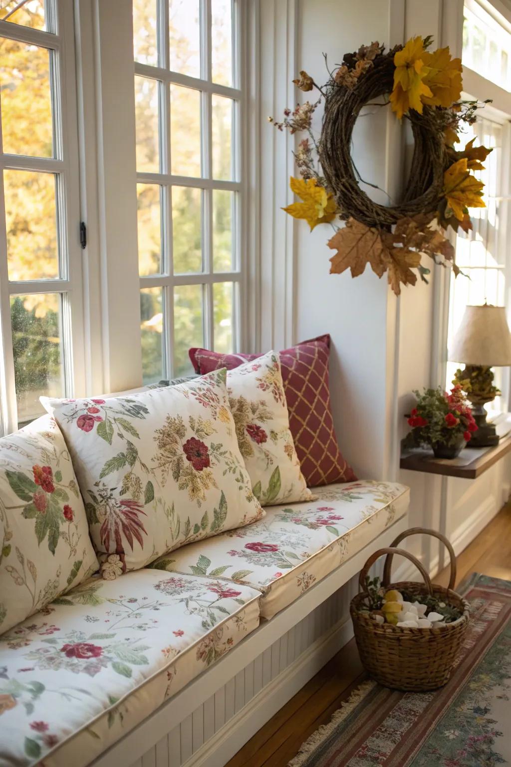 Floral cushions add a springtime freshness to any bench.