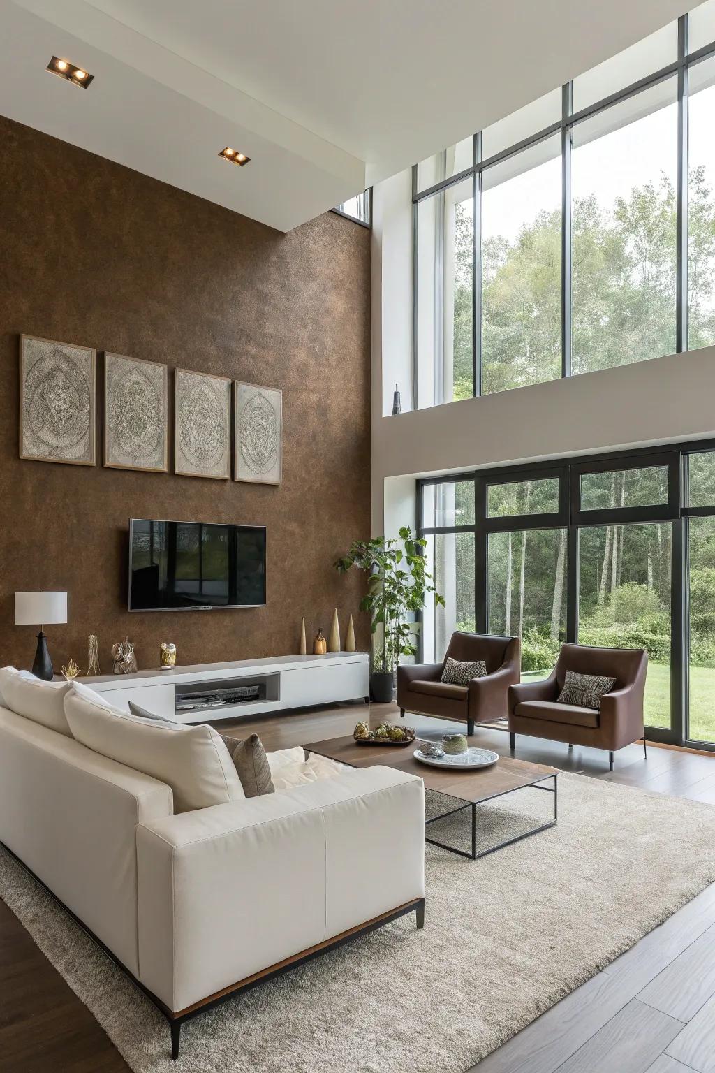 Modern elegance with a striking brown accent wall.