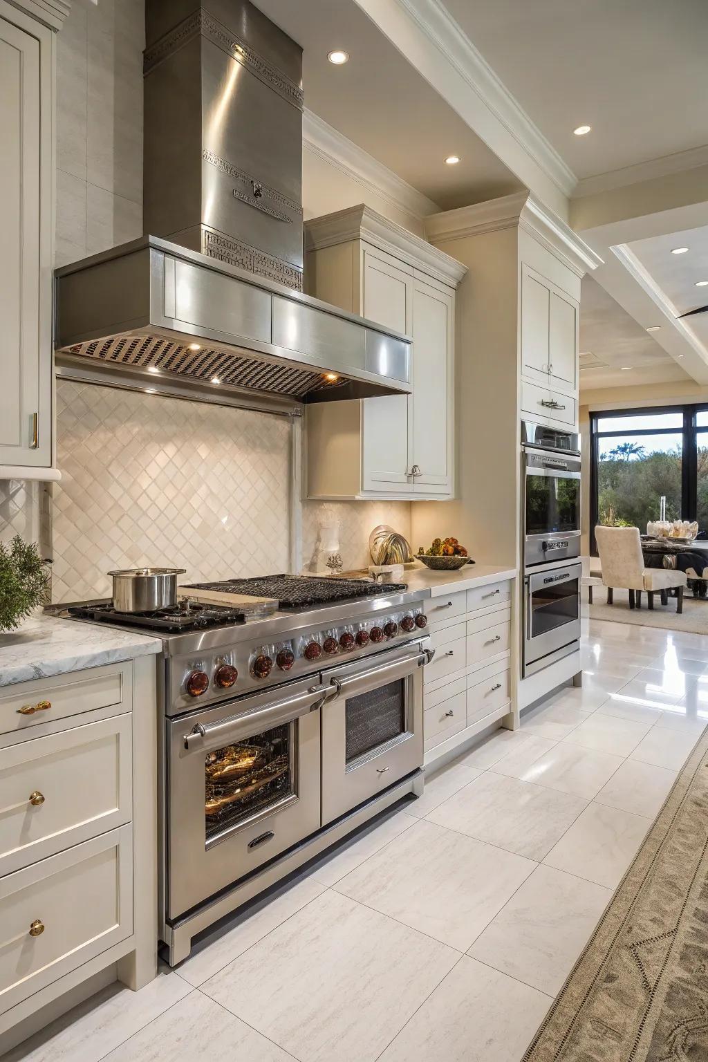 Double appliances enhance efficiency in a large kitchen.