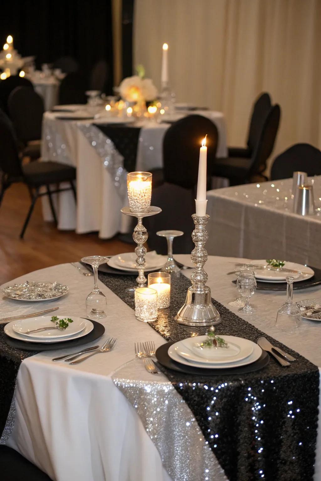 An elegant table setting with black and silver accents.