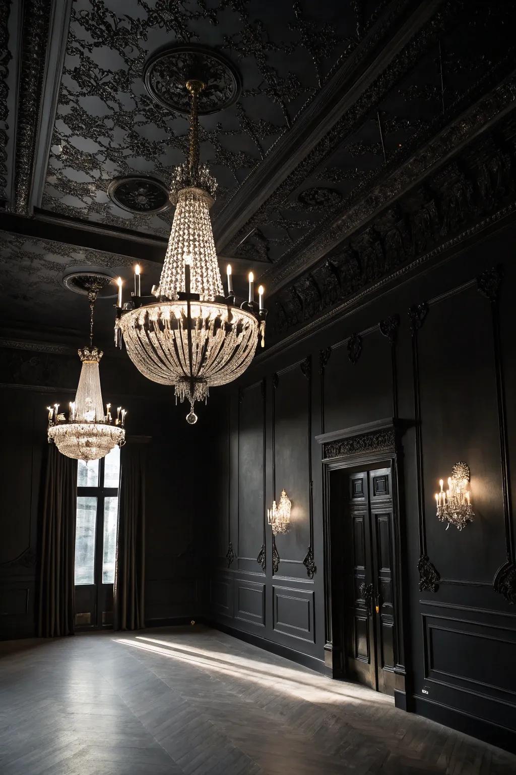 A black room enhanced by a dramatic chandelier and pendant lamps.