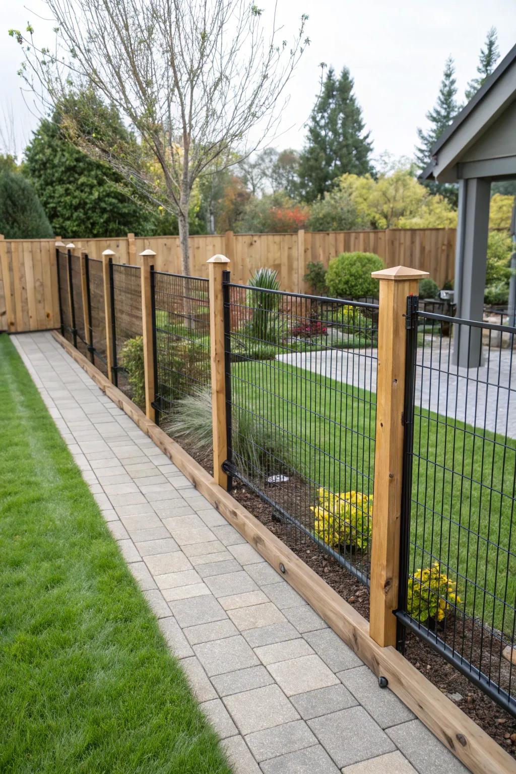 Create a stunning mixed material fence with black wire and wood.