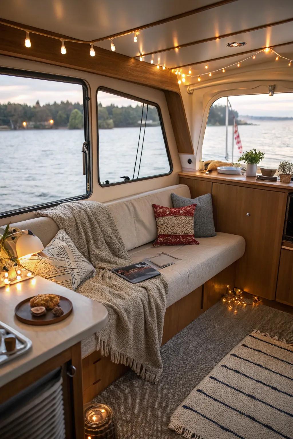 Transmutable divan cot within an inviting vessel living expanse.