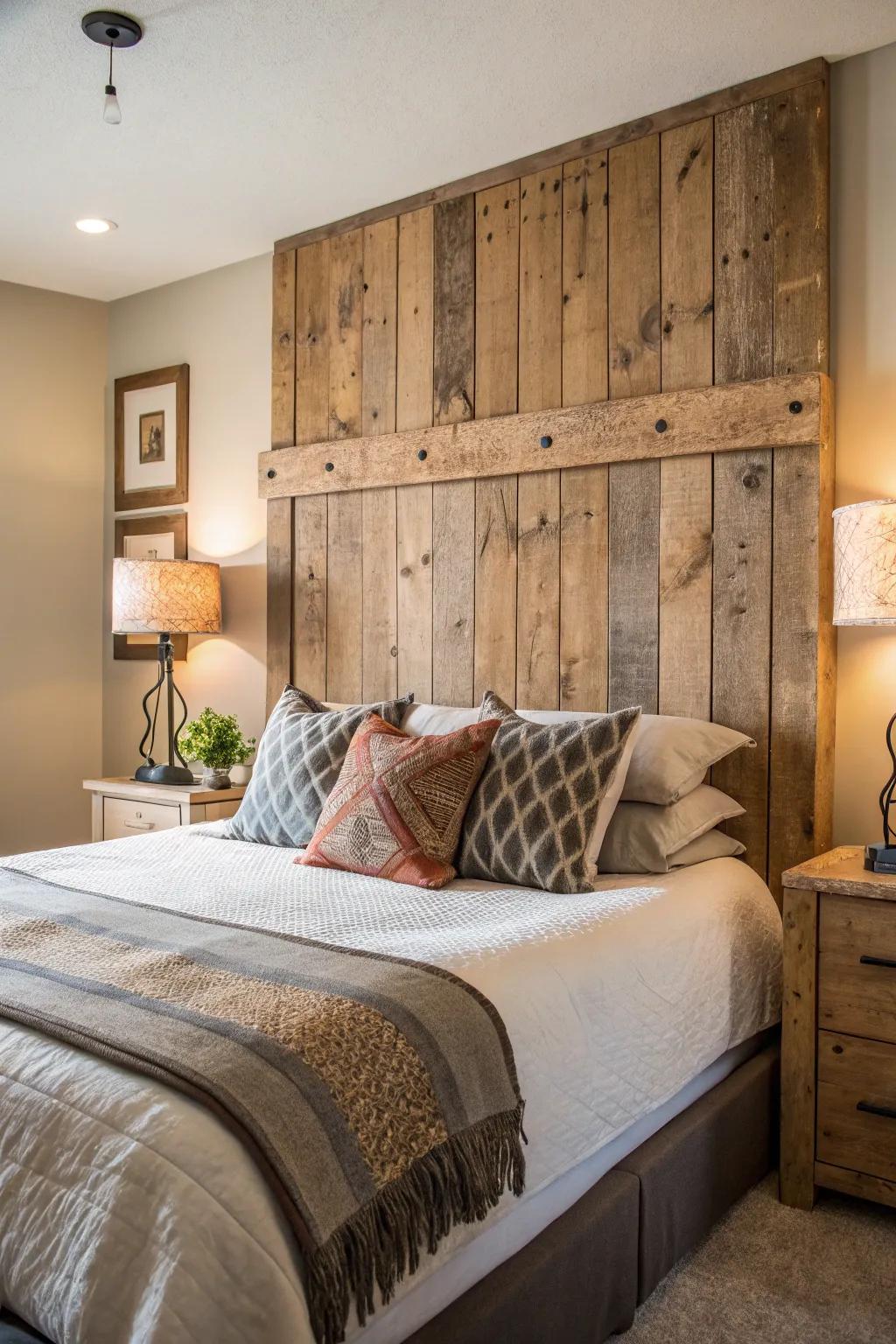 Reclaimed wood forms a charming and sustainable headboard.